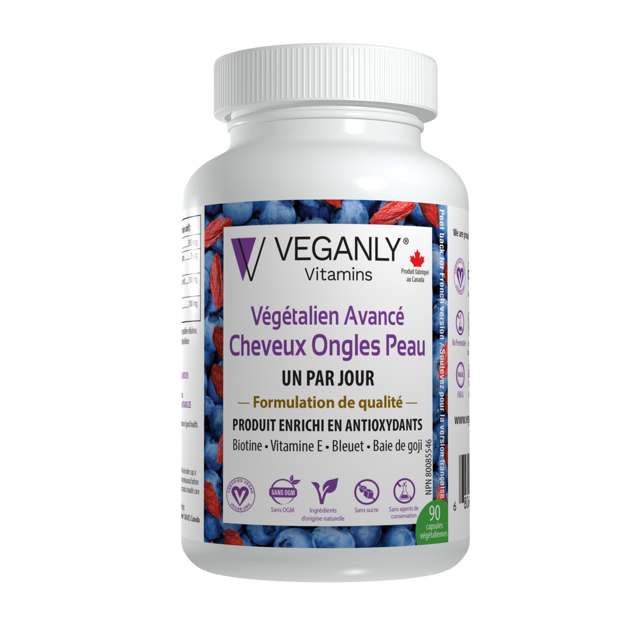 VEGANLY Vegan Advanced Hair Nail Skin One-Daily. Canadian. 60 Veggie Capsules - Enriched Antioxidant Supplement - Improve Hair, Improve Skin Health and Nail Health - Plant Based with Biotin & Natural Superfood (NPN80085546)