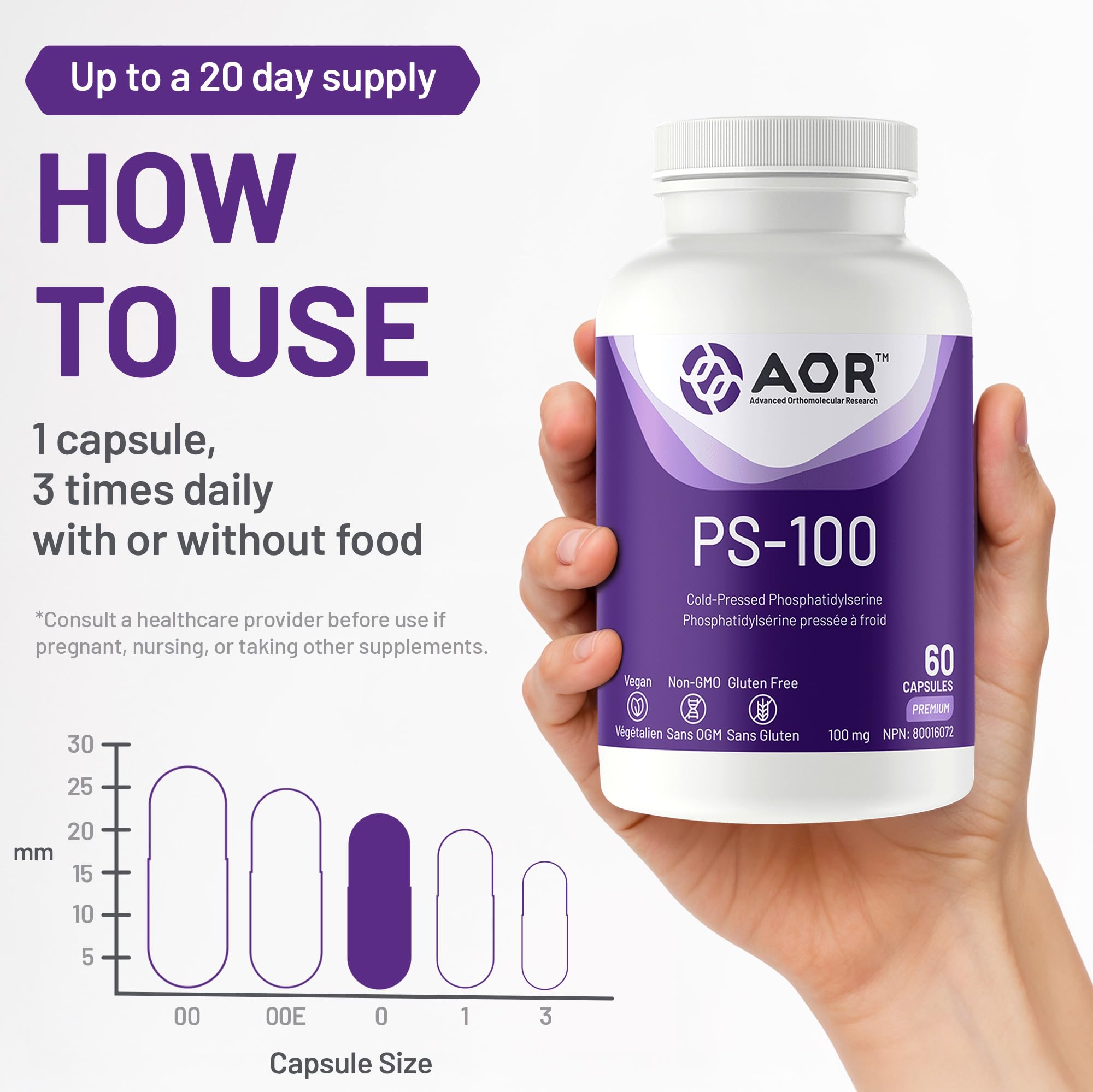 AOR - PS-100 Phosphatidylserine 100mg, 60 gélules - Supplément de phosphatidylsérine pour la santé de la mémoire, suppléments de concentration et supplément cognitif - Suppléments de soutien cérébral pour la mémoire et la concentration