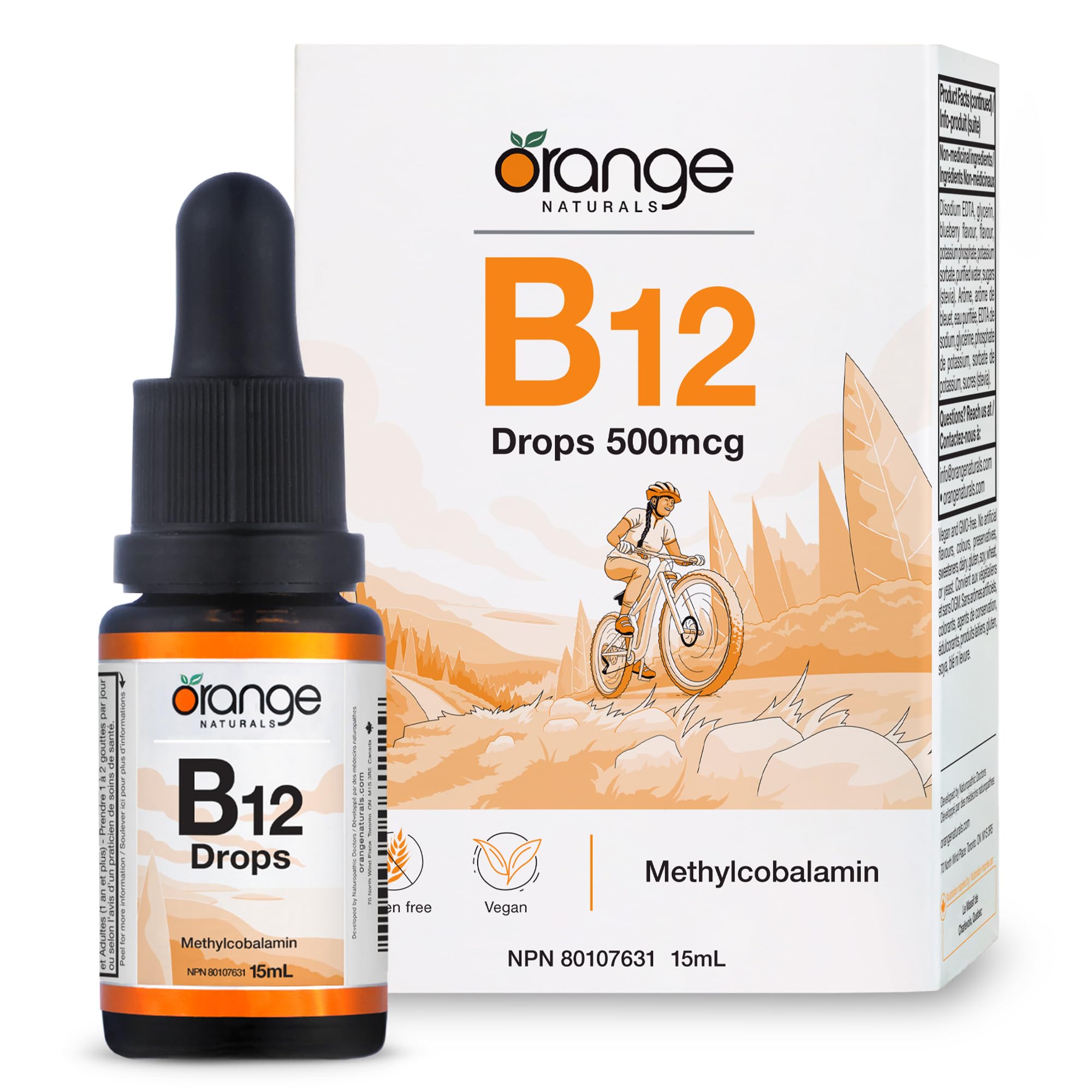 Orange Naturals Vitamin B-12 Liquid Drops, 15 ml, 300-Day Supply, Methylcobalamin 500mcg – Tasty Blueberry Flavor, Promotes Daily Vitality and Wellness – Vegan, Non-GMO, Made in Canada, Easy-to-Use