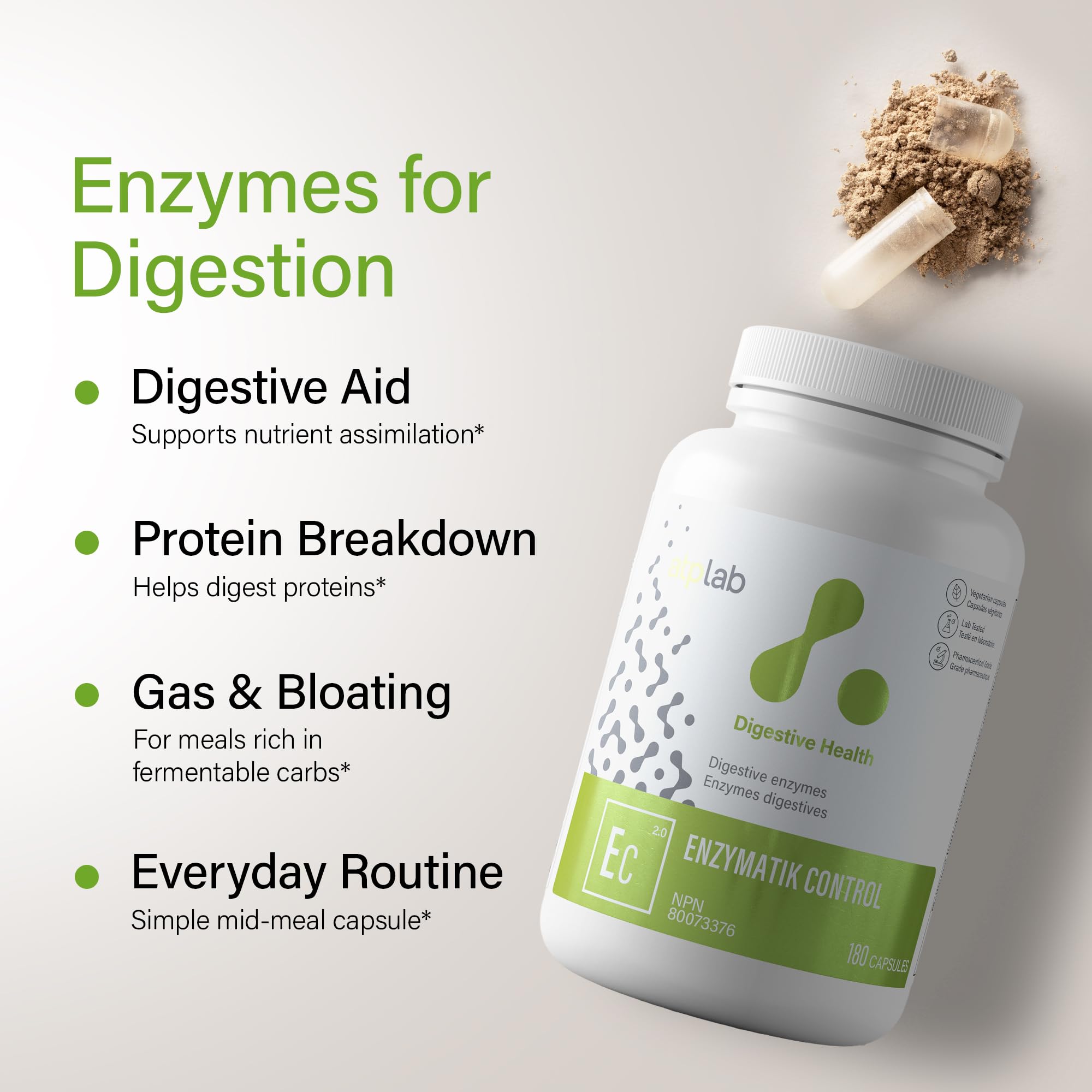 ATP LAB - Enzymatik Control 180 capsules, 180 jours d'approvisionnement - Supplément d'enzymes digestives - Santé digestive - Soulagement des gaz pour adultes - Enzymes digestives - Testé par une tierce partie