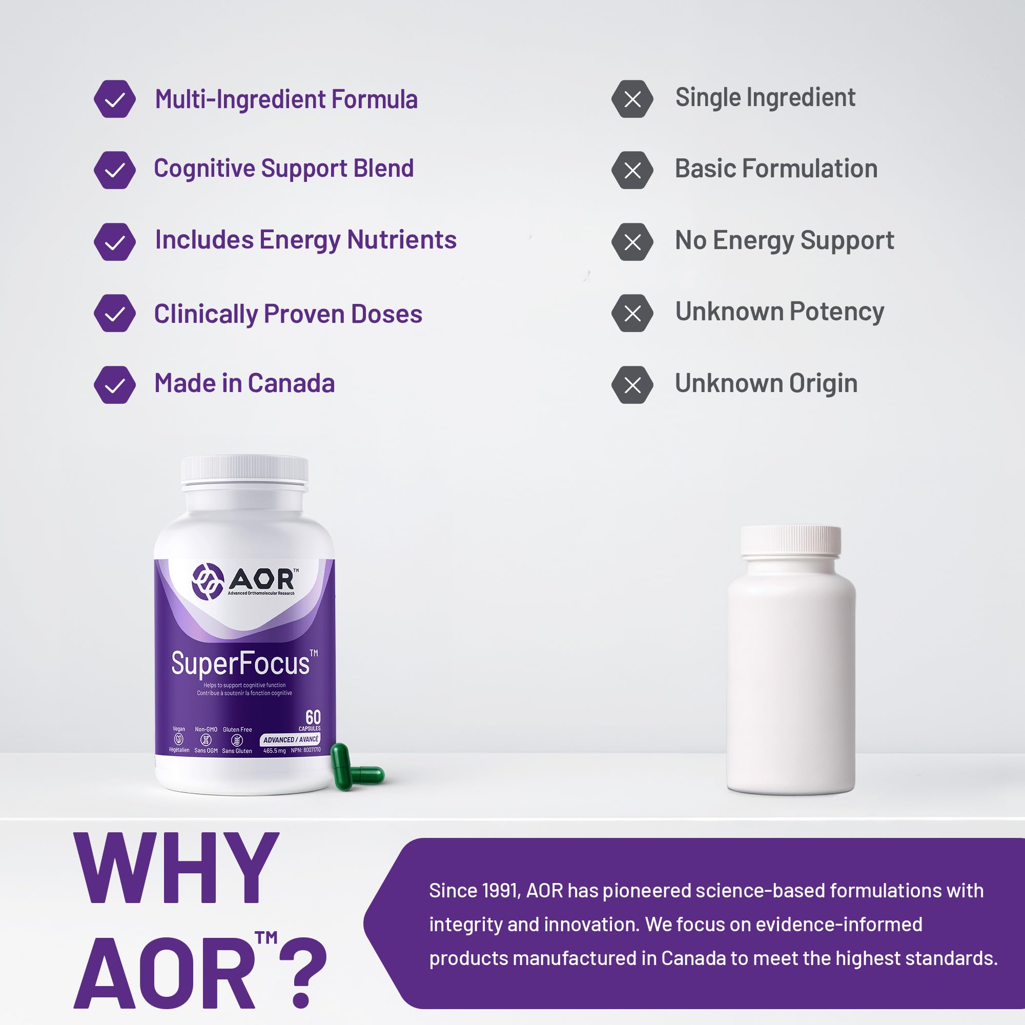 AOR SuperFocus, complément de soutien cérébral, 60 capsules, 30 jours – Végétalien, sans OGM et sans gluten – Améliore les performances cognitives et la mémoire, contient du ginseng, du Rhodiola Rosea, du Bacopa, de la méthyl B12, de l'inositol