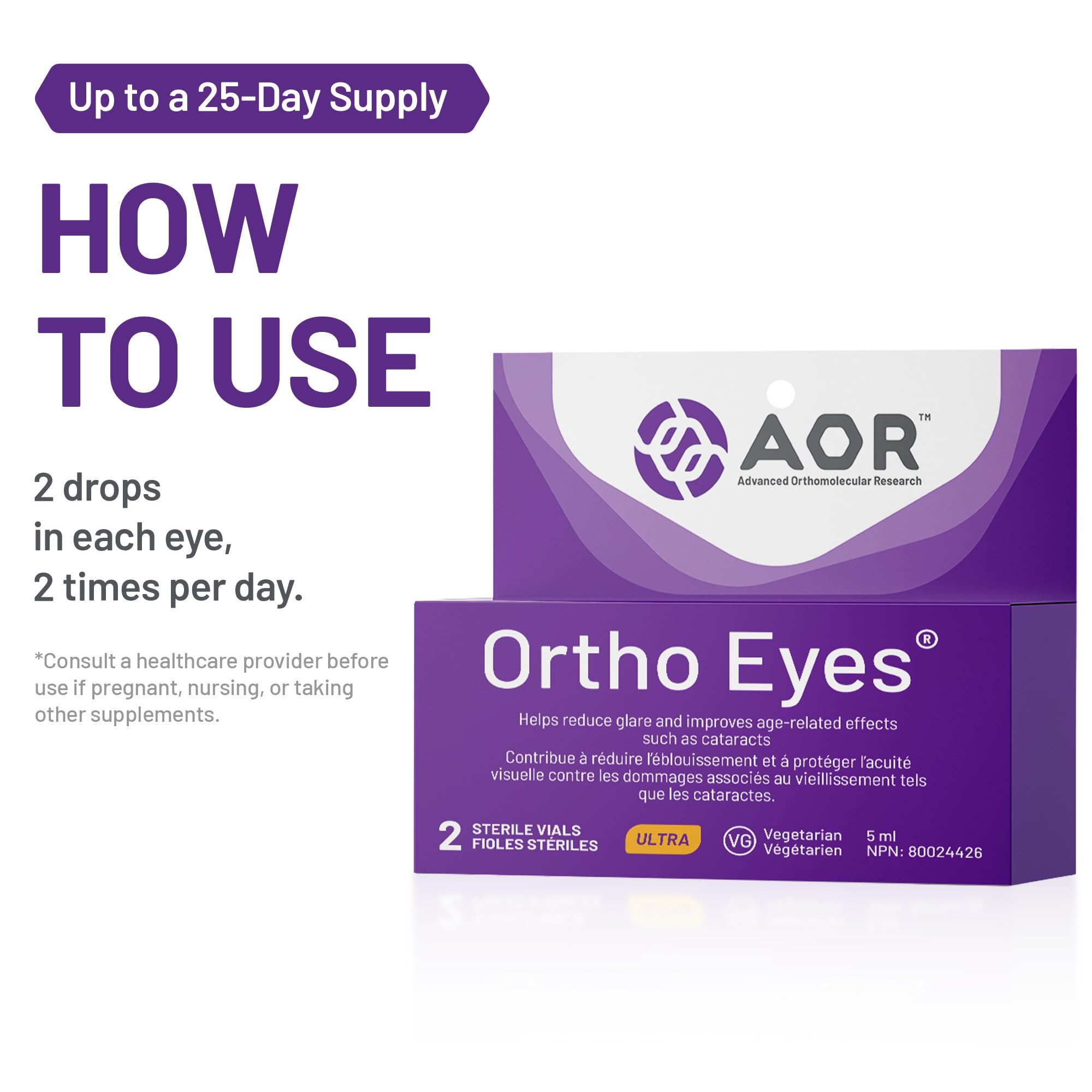 AOR Ortho Eyes 2x5ml - Gouttes oculaires NAC N-Acétyl-Carnosine pour une vision claire, supplément oculaire pour la sensibilité à la lumière - Hydrate et rafraîchit les yeux secs, favorise la clarté visuelle et le confort oculaire