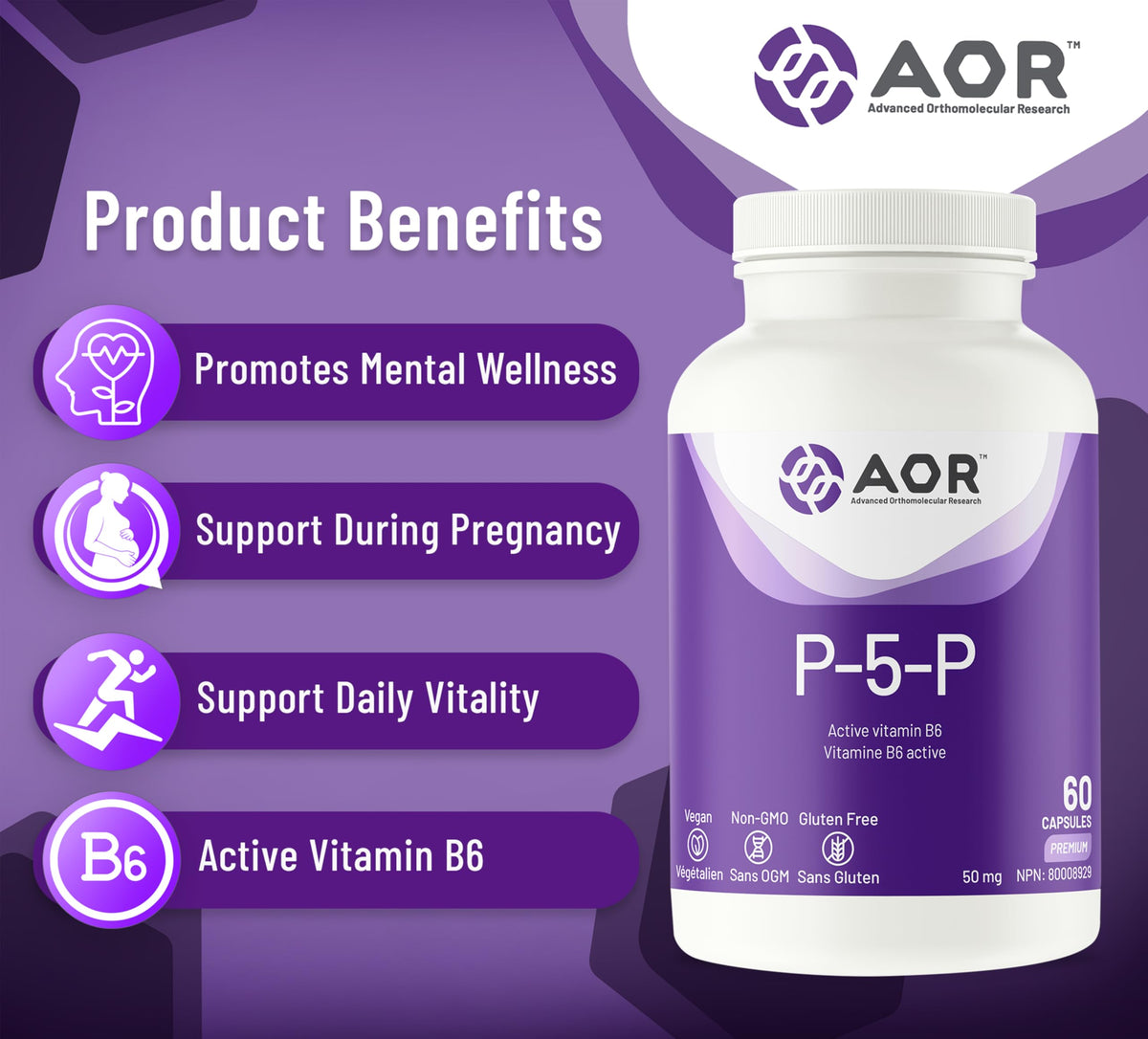 AOR P5P Vitamin B6 Capsules for Adults, 50 mg, 60 Capsules, 30-Day Supply