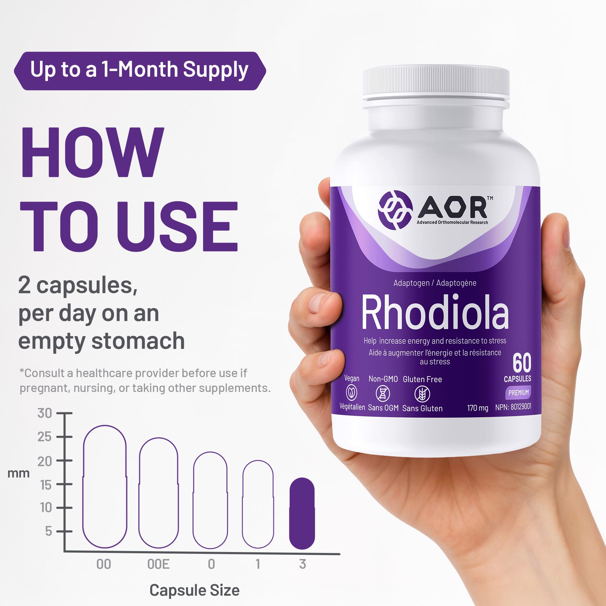 AOR Rhodiola Rosea 170mg - Soutien cognitif pour une concentration et une résilience améliorées, Rosavin et Salidroside, Favorise la clarté mentale et la vitalité physique, Végane, Sans OGM et Sans Gluten
