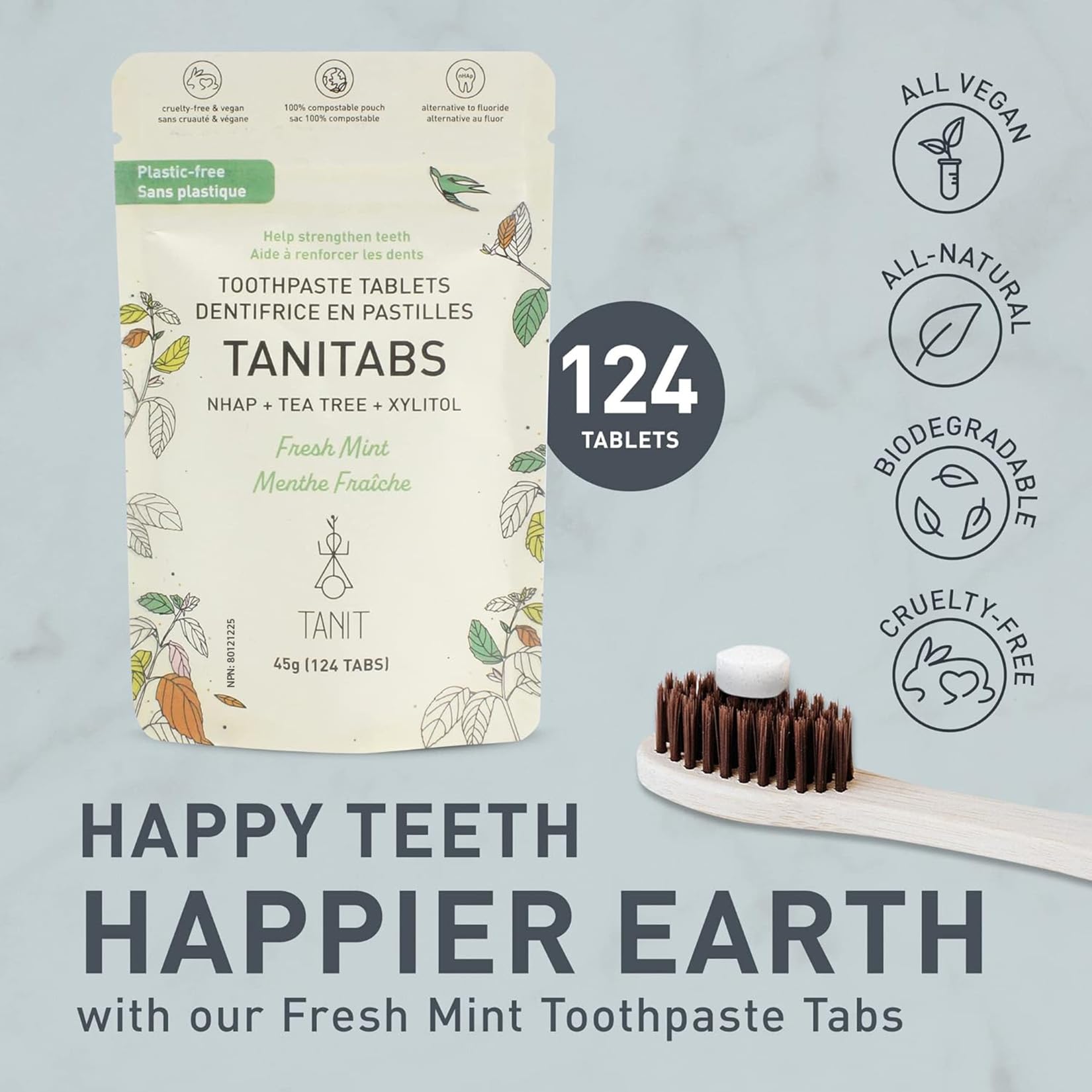 TANITABS Toothpaste Tablets with Hydroxyapatite & Xylitol, 124 Count, Fluoride-Free Toothpaste Tabs for Sensitive Teeth, Fresh Mint, Travel Toothpaste Tablets, Plastic-Free Refill Pack, Vegan