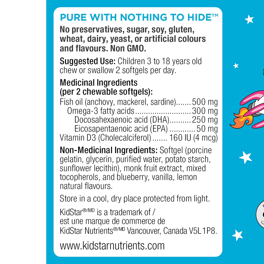 KidStar Nutrients Omega 3 with Vitamin D3, High-DHA, Lemon Blueberry, 120 Chewable Softgels