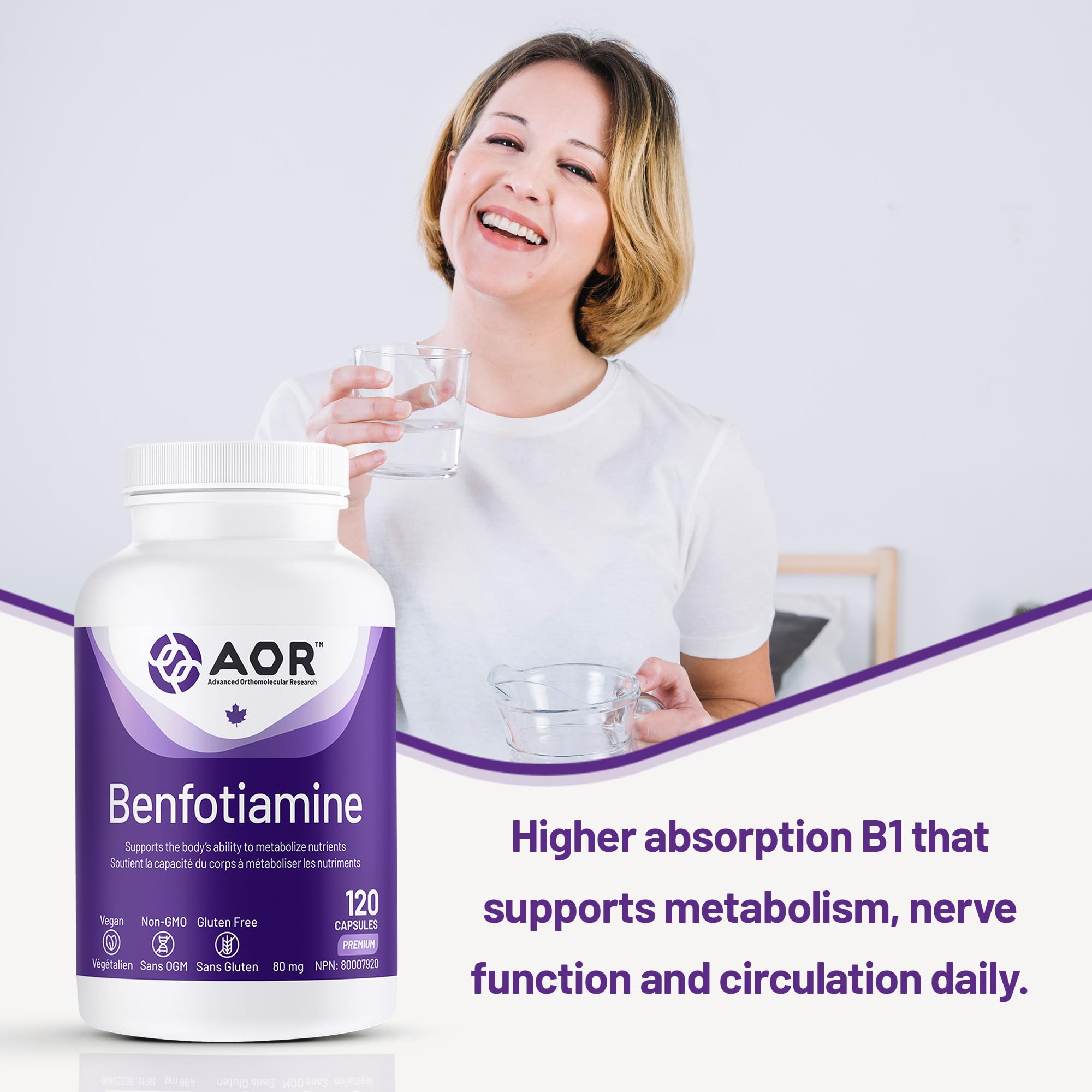 AOR Benfotiamine Vitamin B1 80mg 120 Caps 120-Day Supply - Vitamin B Complex Supplement - Vegan, Non-GMO, Gluten-Free - Easy-to-Swallow - Supports Energy Production, Healthy Metabolism and Circulation