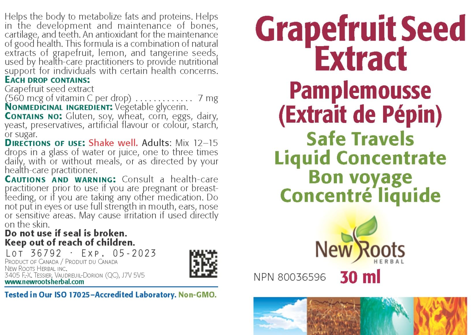 New Roots Herbal - Huile d'extrait de pépins de pamplemousse 30 mL 87 portions - Concentré liquide Safe Travels 560 mcg de vitamine C par goutte