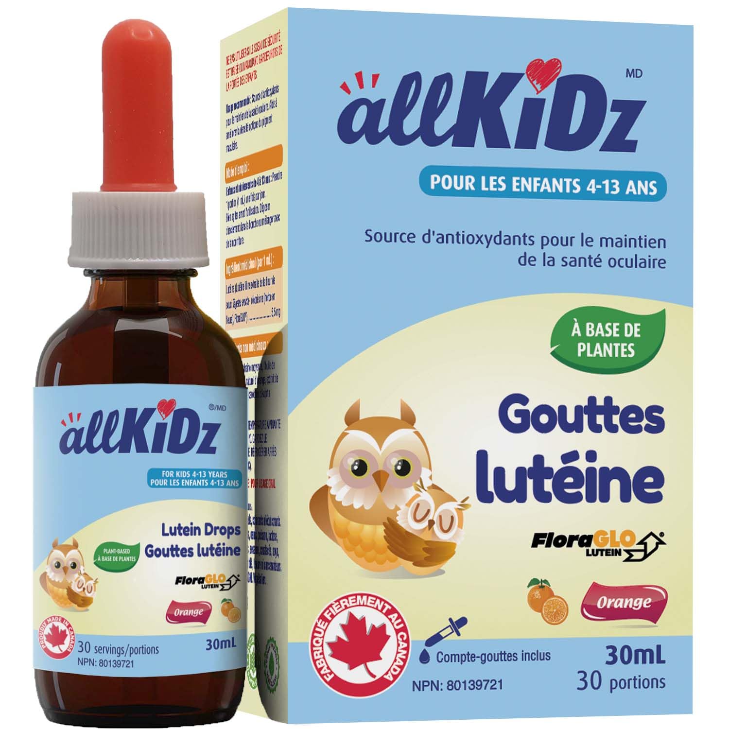 allKiDz Gouttes de lutéine pour enfants, soutien de la santé oculaire et de la vision, 5,5 mg de lutéine libre (FloraGLO) en supplément liquide, végétalien à base de plantes, sans conservateurs, sans sucre, saveur orange délicieuse, 30 ml = 30 jours