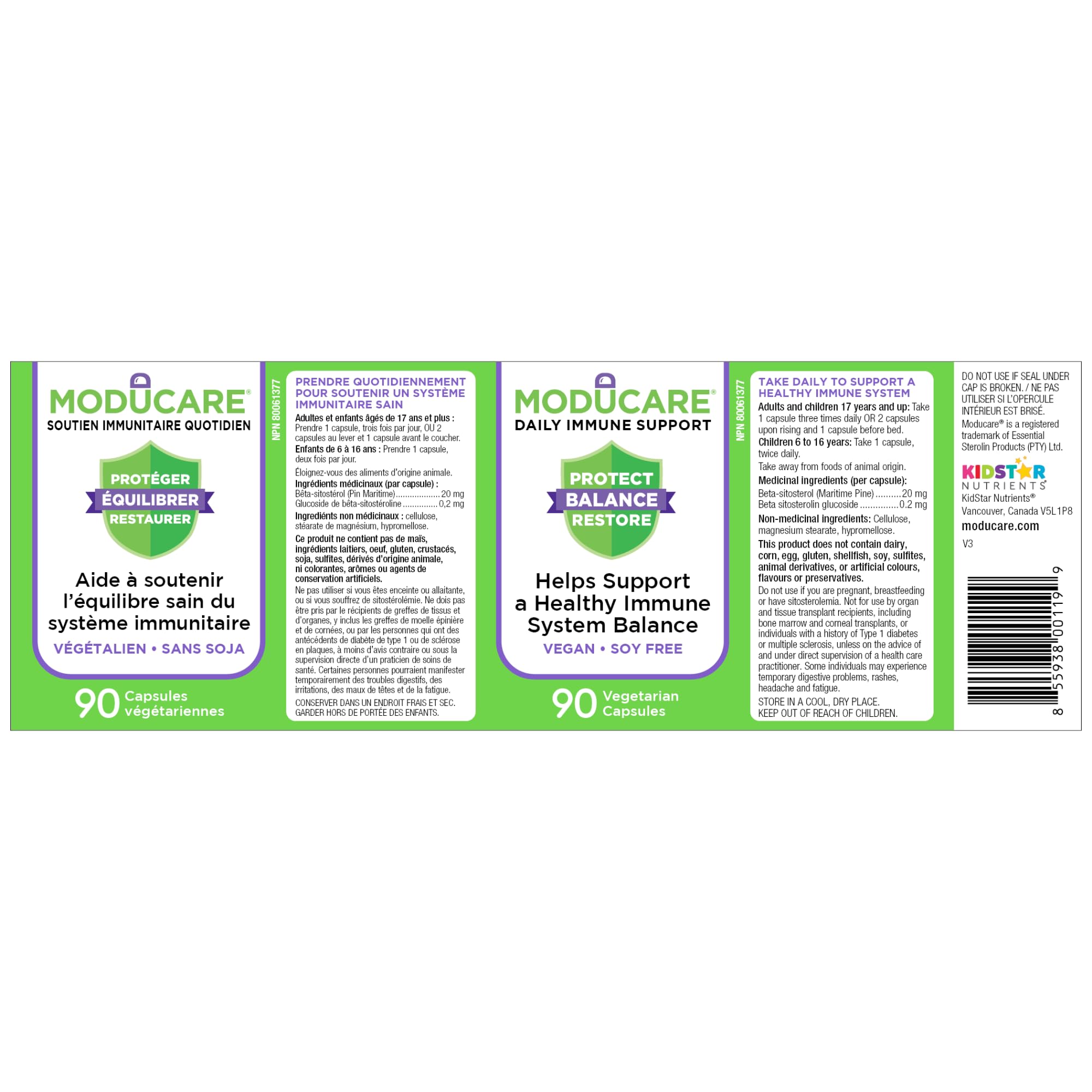 Moducare Daily Immune Support Supplement, 90 Veggie Capsules 30-Day Supply - Vegan - Soy Free - Balanced Immune Booster for Kids & Adults, Plant Sterols for Optimal Well-being