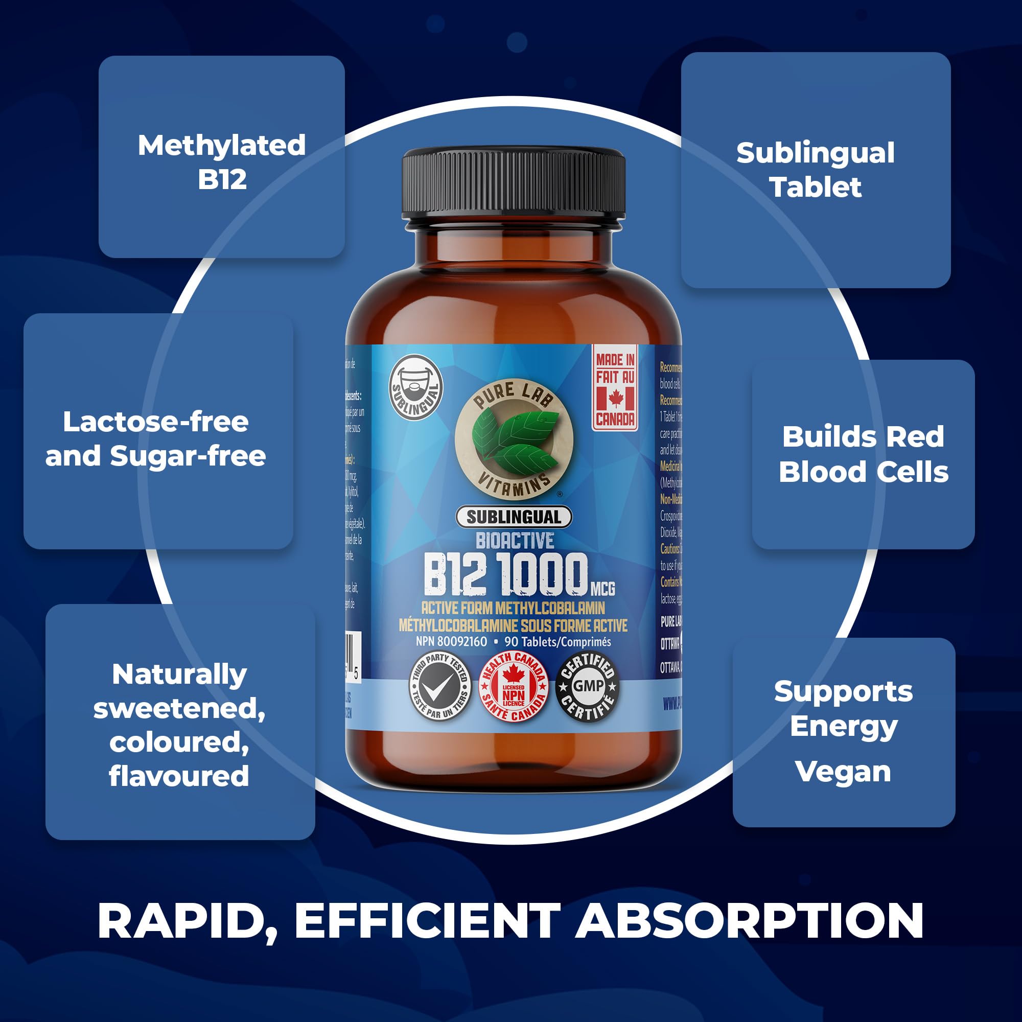 Pure Lab Vitamins BioActive B12 1000 mcg - Lactose Free, Sugar Free