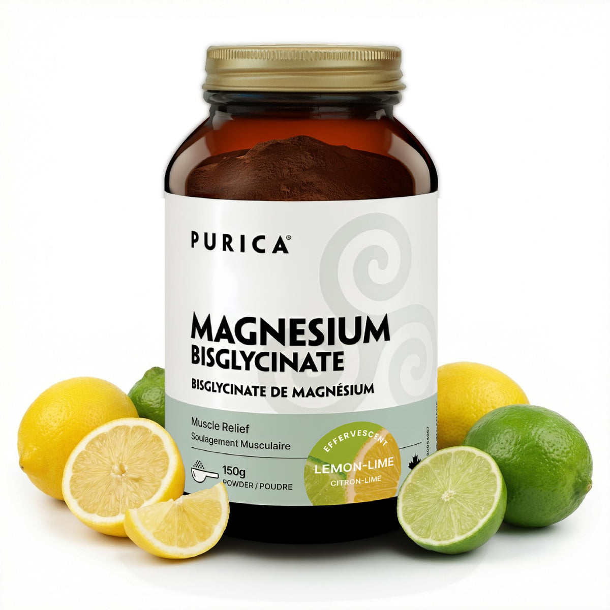 PURICA Effervescent Magnesium Glycinate Powder, 350 mg, Lemon Lime, 150g