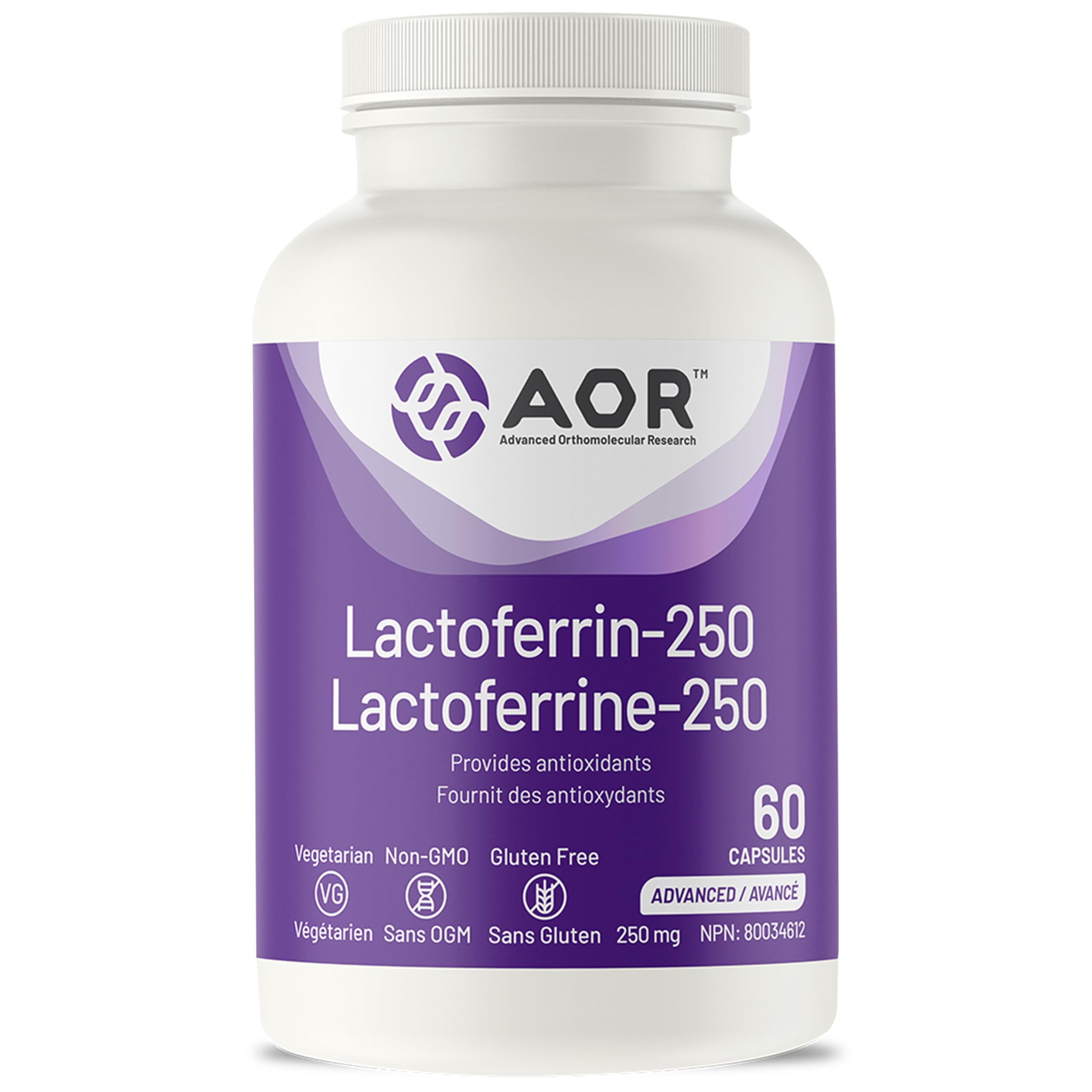 AOR Lactoferrin 250mg, 60 Capsules 60-Day Supply - Supports Balanced Iron Levels & Antioxidant Properties - Non-GMO Vegetarian Formula for Energy, Vitality & Strong Bones, Promotes Iron Utilization