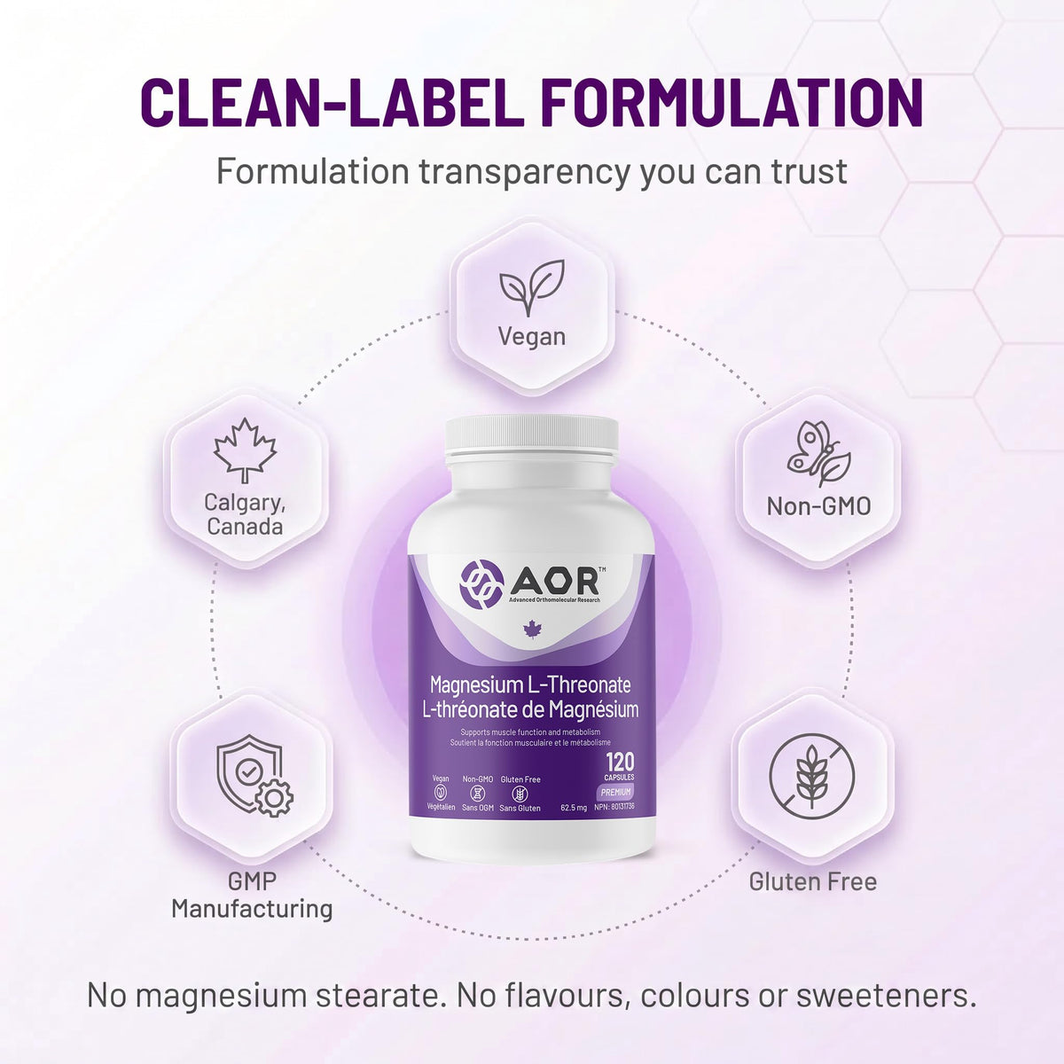 AOR Magnesium L-Threonate, 120 Vegan Capsules — 62.5 mg Elemental Magnesium per Capsule, Single-Ingredient Magnesium Supplement, Non-GMO, Gluten Free, Magnesium Stearate Free