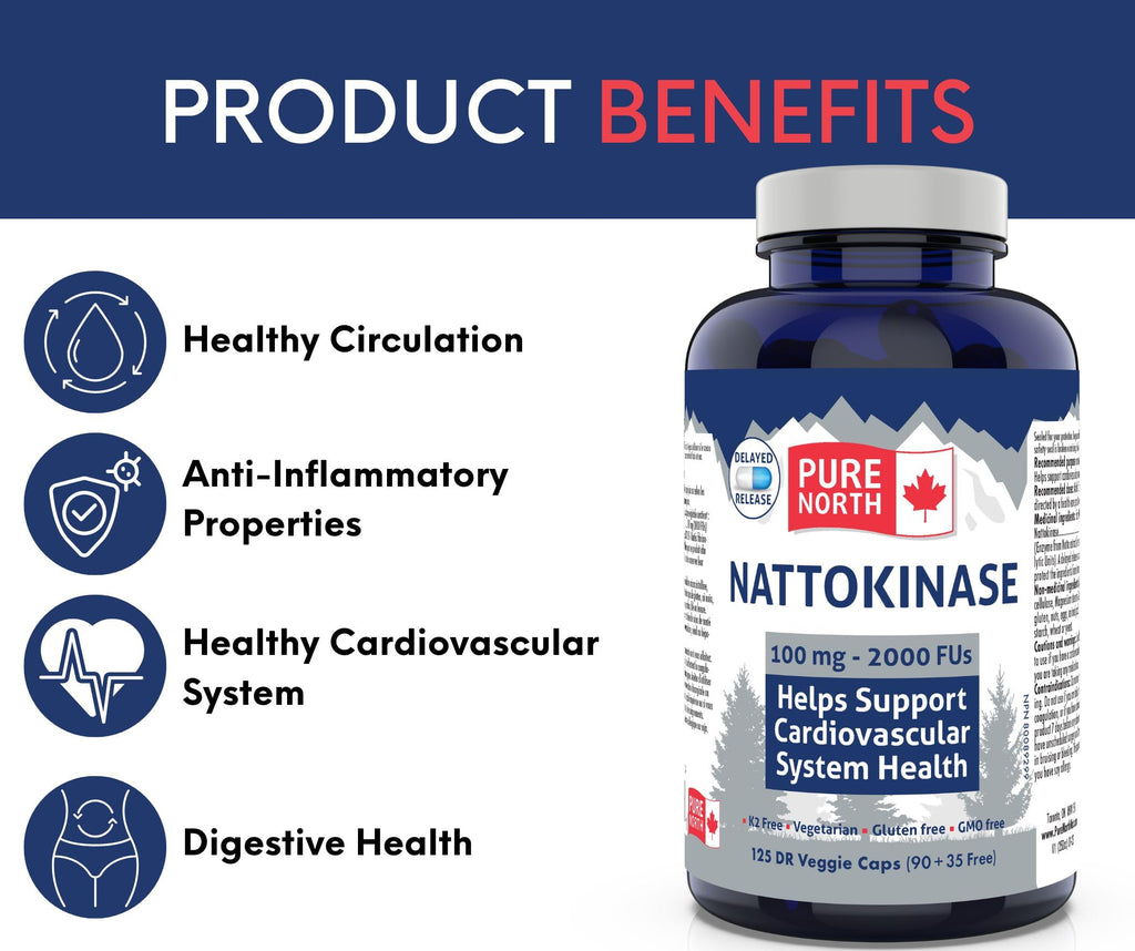 Pure North Naturals - Nattokinase Supplement, 100mg, 2000 FU, 125 Capsules 125-Day Supply, Vegetarian & Gluten-Free, High Potency for Cardiovascular Wellness, Enzymatic Support for Heart & Circulation