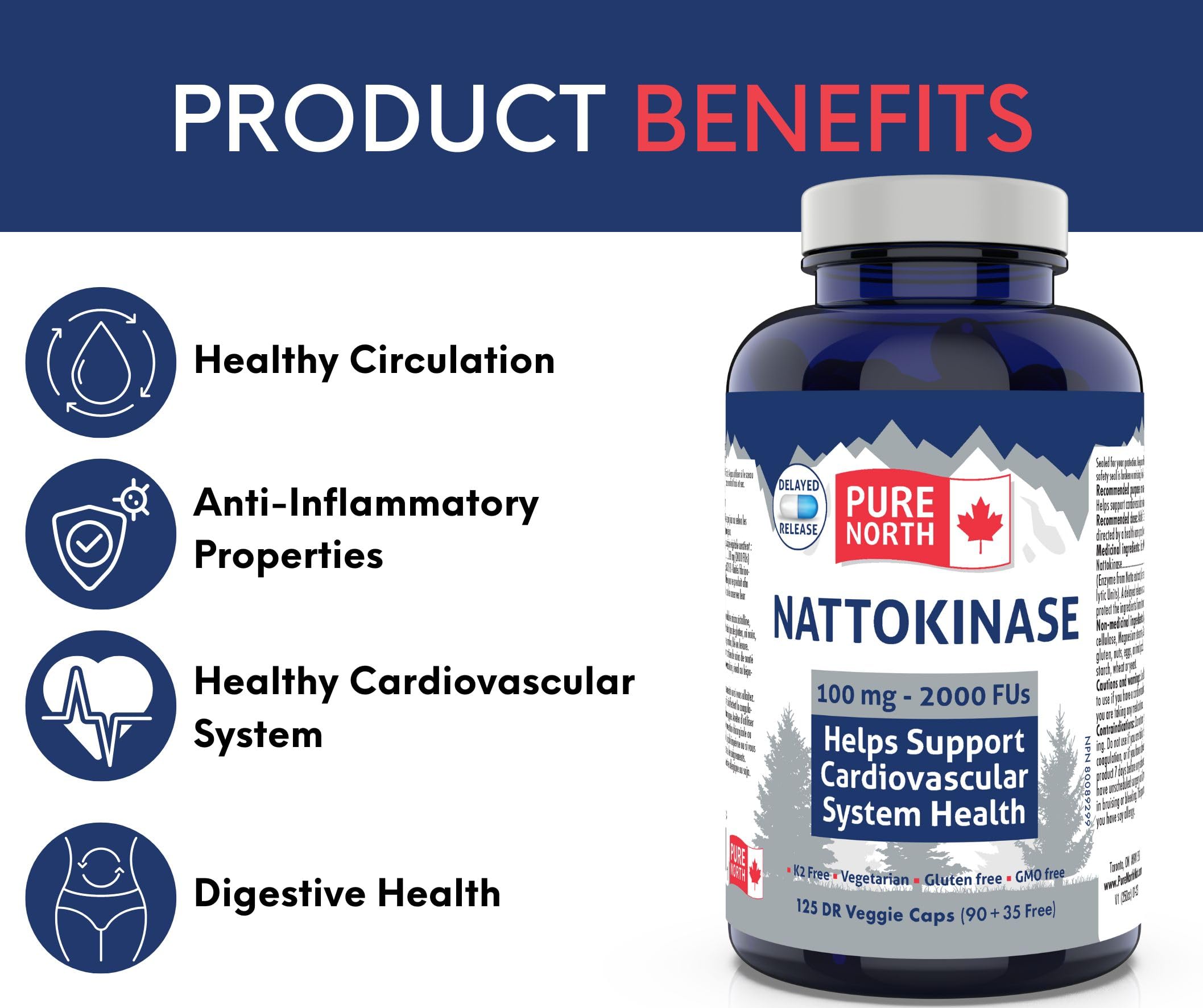 Pure North Naturals - Nattokinase Supplement, 100mg, 2000 FU, 125 Capsules 125-Day Supply, Vegetarian & Gluten-Free, High Potency for Cardiovascular Wellness, Enzymatic Support for Heart & Circulation