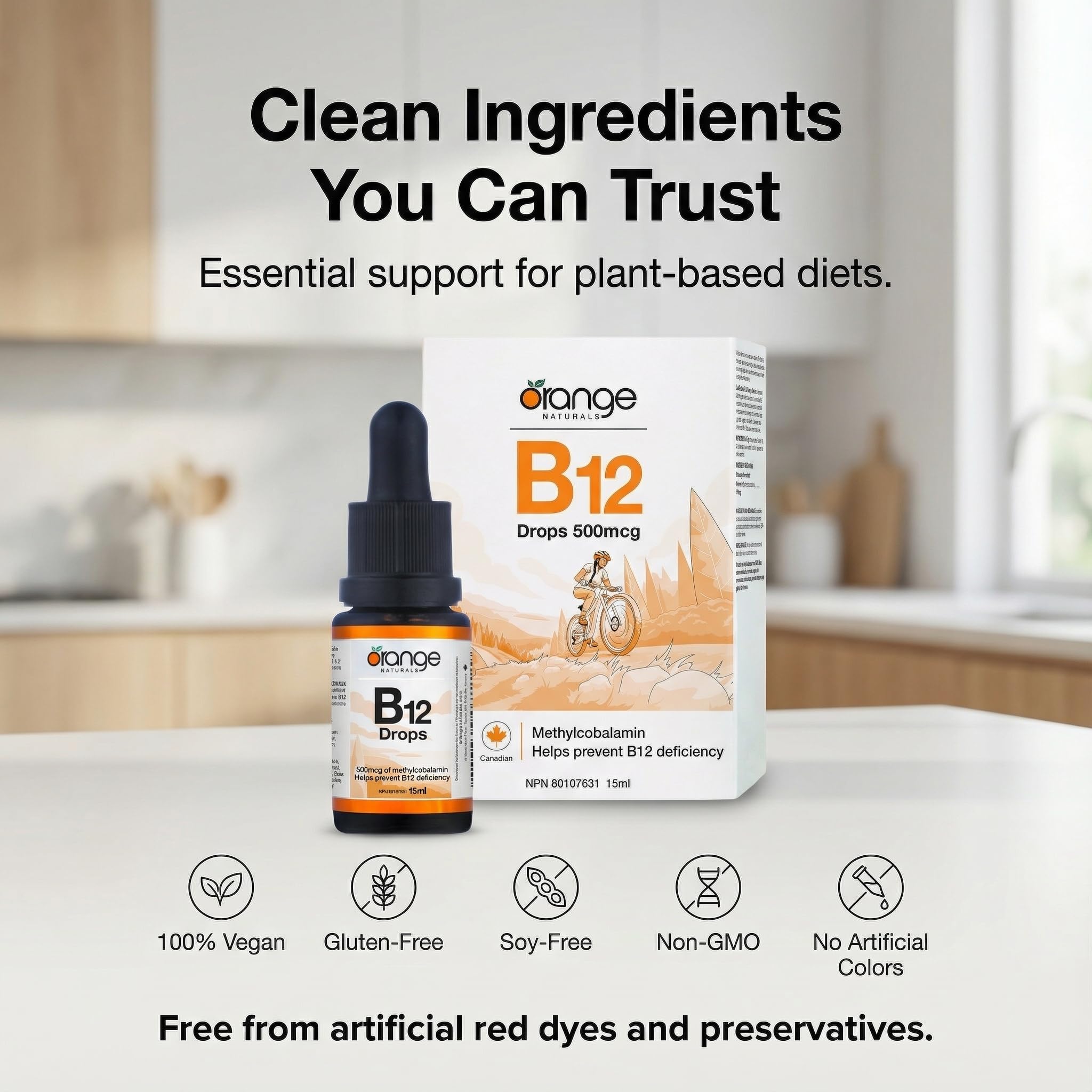 Orange Naturals Vitamin B-12 Liquid Drops 500mcg 15 ml 300-Day Supply - Methylcobalamin Supports Metabolism & Immune Function Vegan Blueberry Flavour