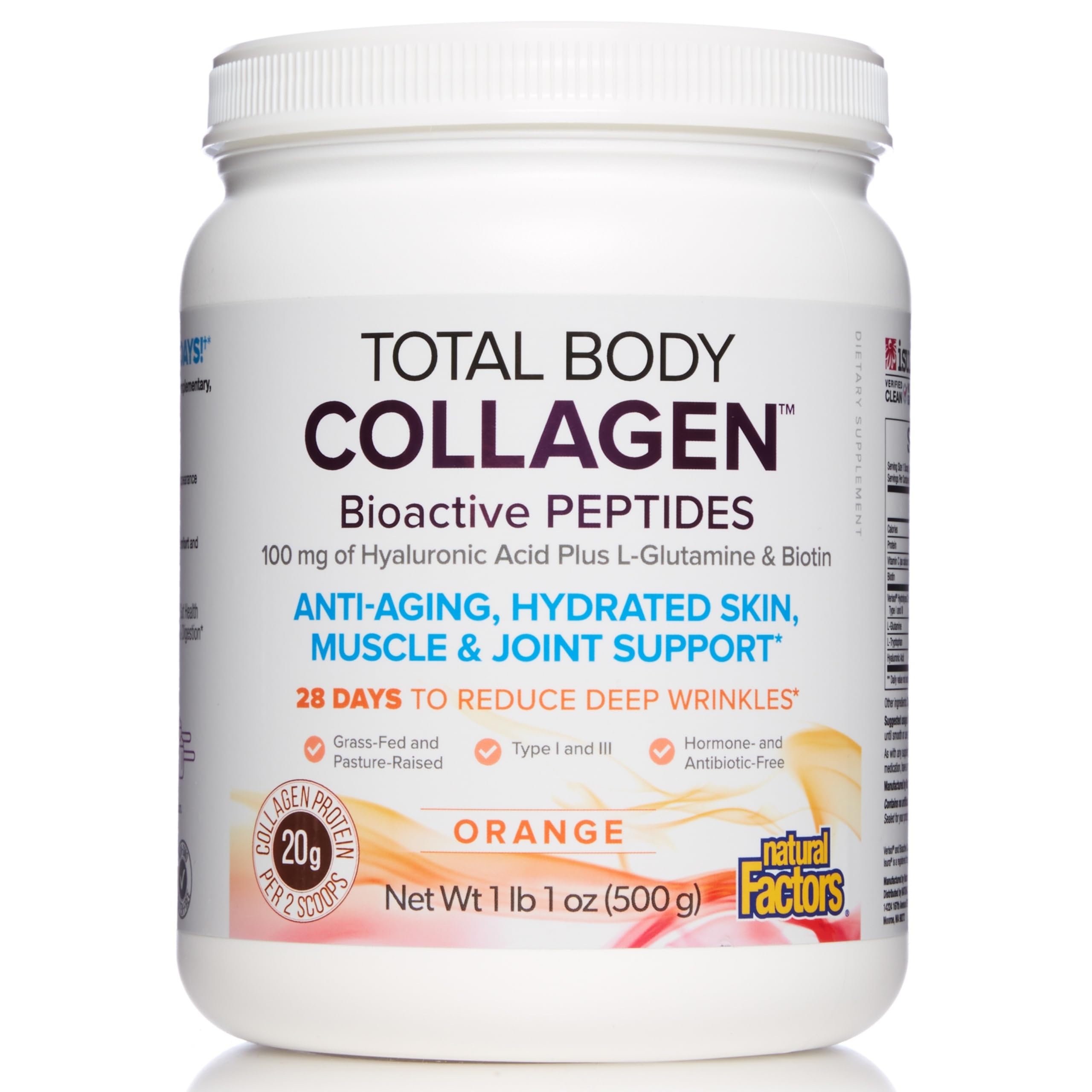 Total Body Collagen - Antiaging, Hydrated Skin, Muscle & Joint Recovery. 100% Complete Amino Acids with Hyaluronic Acid, Glutamine, and Biotin. Orange, 500g