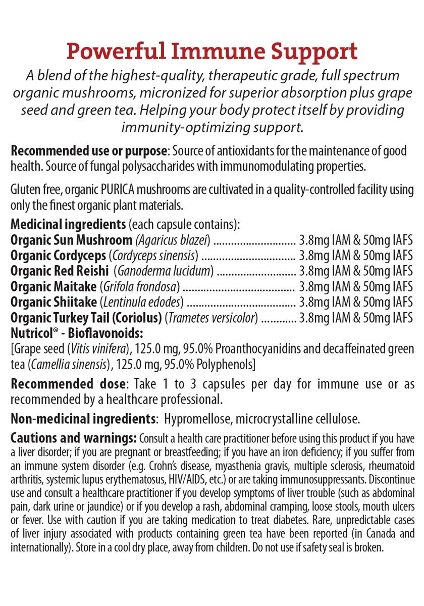 PURICA Complexe Immunitaire 7, 60 gélules - Soutien immunitaire complet avec Coriolus versicolor, Cordyceps, Reishi, Maitake, Shiitake, Champignon du Soleil - Vitalité à spectre complet, Améliore la santé et le bien-être