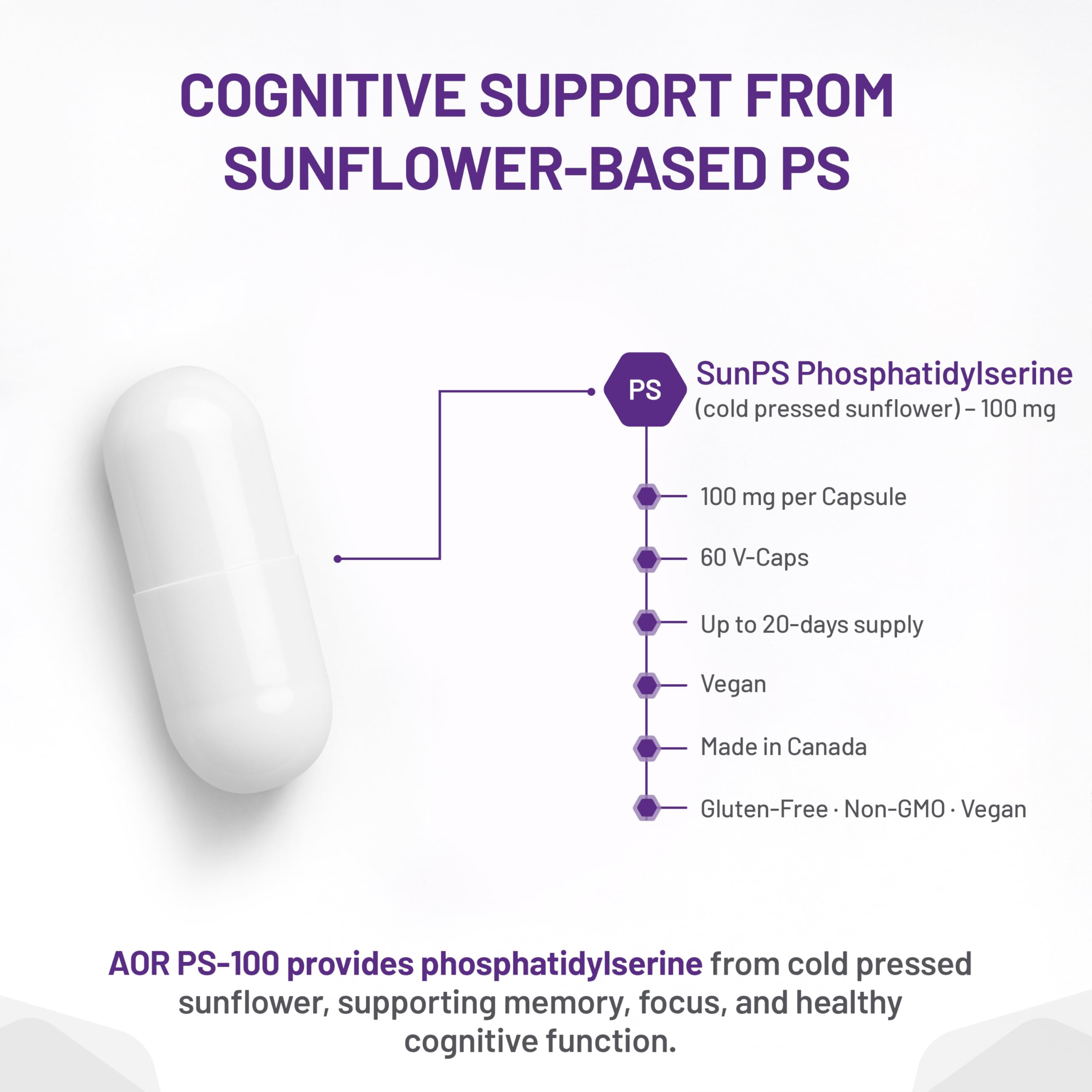 AOR PS-100, 100 mg 60 gélules - Favorise la clarté mentale et la concentration, sans gluten, sans OGM et végétalien, phosphatidylsérine issue de la lécithine de tournesol, favorise un sommeil réparateur et la fonction cognitive