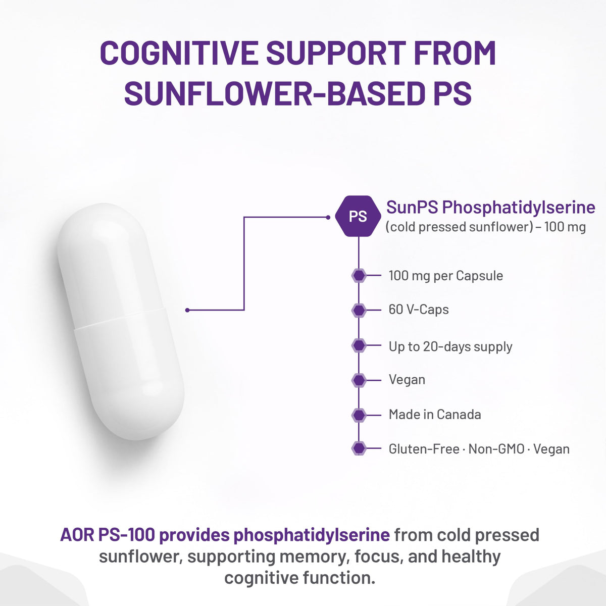 AOR PS-100 Phosphatidylserine Vegan 100 mg per Capsule,60 Capsules