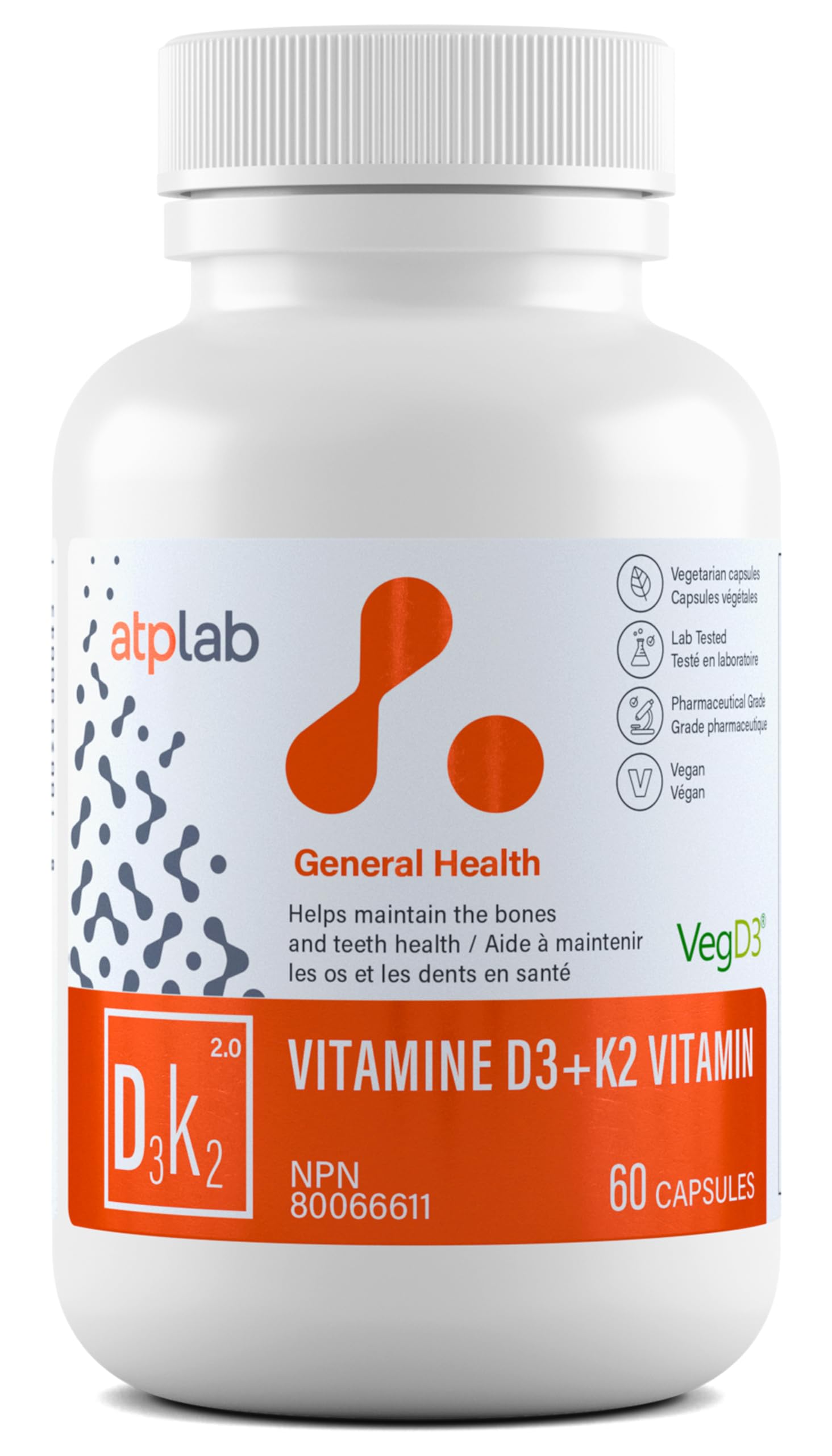 ATP LAB - Vitamine D3 K2 60 Gélules Fourniture de 60 Jours - Complément de Vitamines K2 MK-7 D3 - Os Sains, Dents Saines, Muscles Sains - Complément de Vitamines K2 D3 - D3 K2 Végétalien