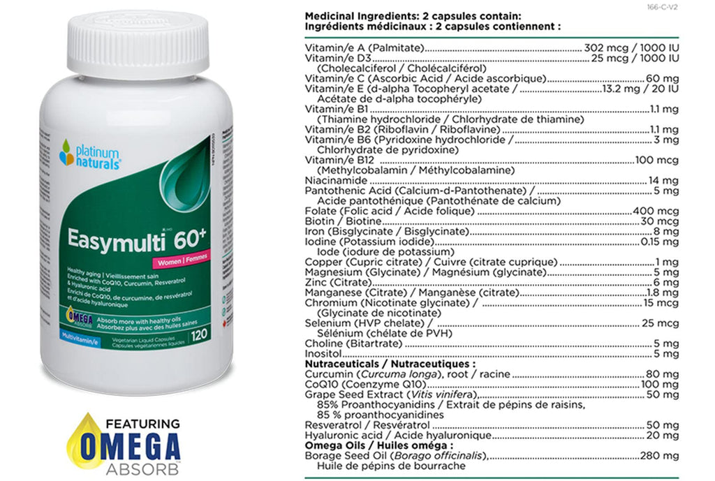 Platinum Naturals Easymulti 60+ for Women - Comprehensive Multivitamin with CoQ10, Omega & Fish Oil for Heart Health, Enhanced with Calcium, Vitamin D3 & B Complex for Immune Support