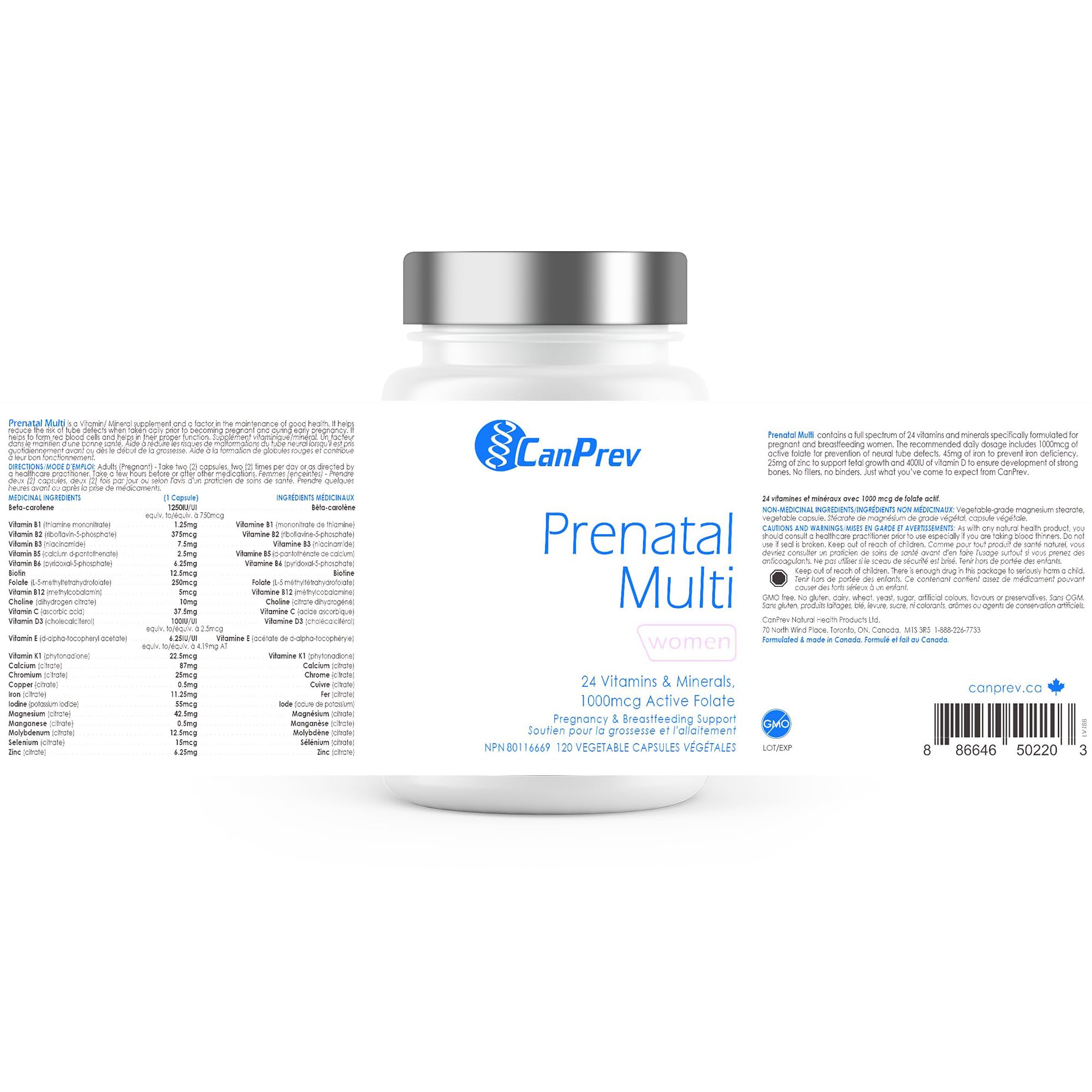 CanPrev Multi Prénatal 120 gélules - 30 jours d'approvisionnement - Vitamines prénatales avec acide folique pour la grossesse et l'allaitement, multivitamine et minéraux prénatals pour femmes, 1000 mcg de folate actif - Sans OGM et sans gluten
