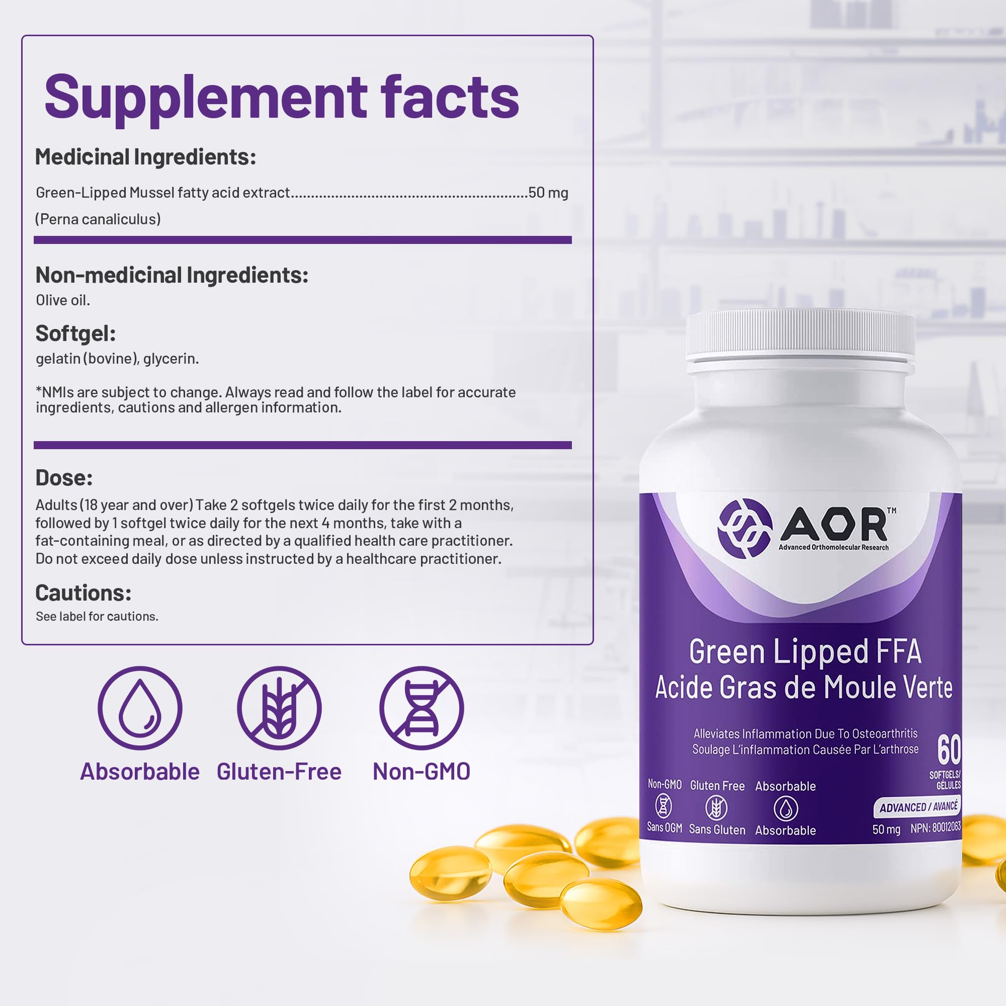 AOR Green Lipped FFA Mussel Omega-3 Supplement, 60 Softgels - Joint Comfort & Active Lifestyle, Free Fatty Acids Extract from Green Lipped Mussels, Non-GMO, Gluten-Free and Absorbable