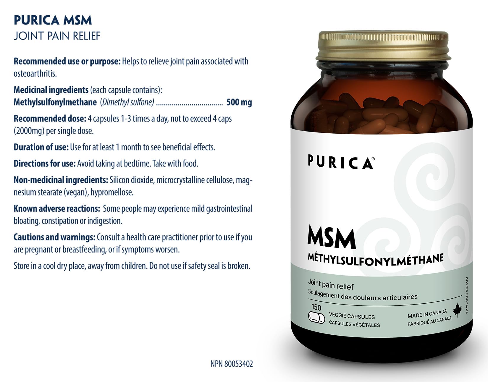 PURICA - MSM Gélules végétales - Soutien articulaire amélioré avec le méthylsulfonylméthane