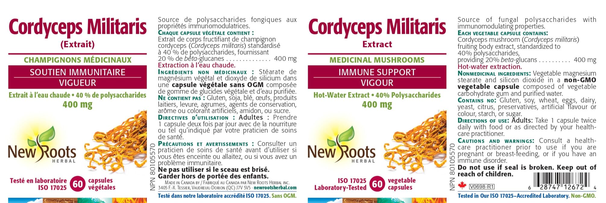 New Roots Herbal Cordyceps Militaris 400mg, 60 Veg Capsules 30-Day Supply - Hot-Water Extract, 20% Beta-Glucans from 40% Polysaccharides, Mushroom Supplement for Energy, Endurance & Vitality, Non-GMO