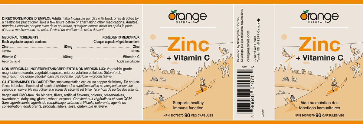 Orange Naturals Zinc & Vitamin C Capsules, 50mg, 400mg Vit C, 90 Day Supply