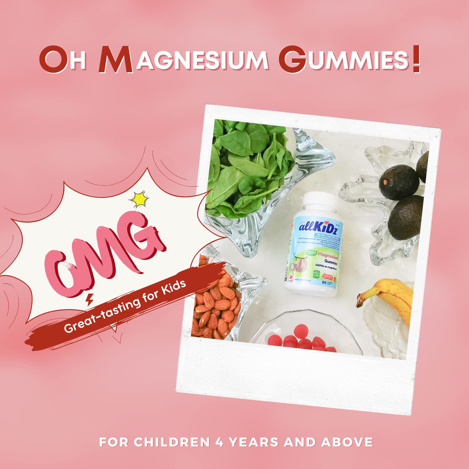 allKiDz Magnesium Gummies for Kids Children Sleep Mood Relaxing Supplement, Made in Canada, 55mg Magnesium Citrate per Gummy, Vegan Pectin Plant-based, Great Tasting Better Absorption, Raspberry Flavours, 80 Count