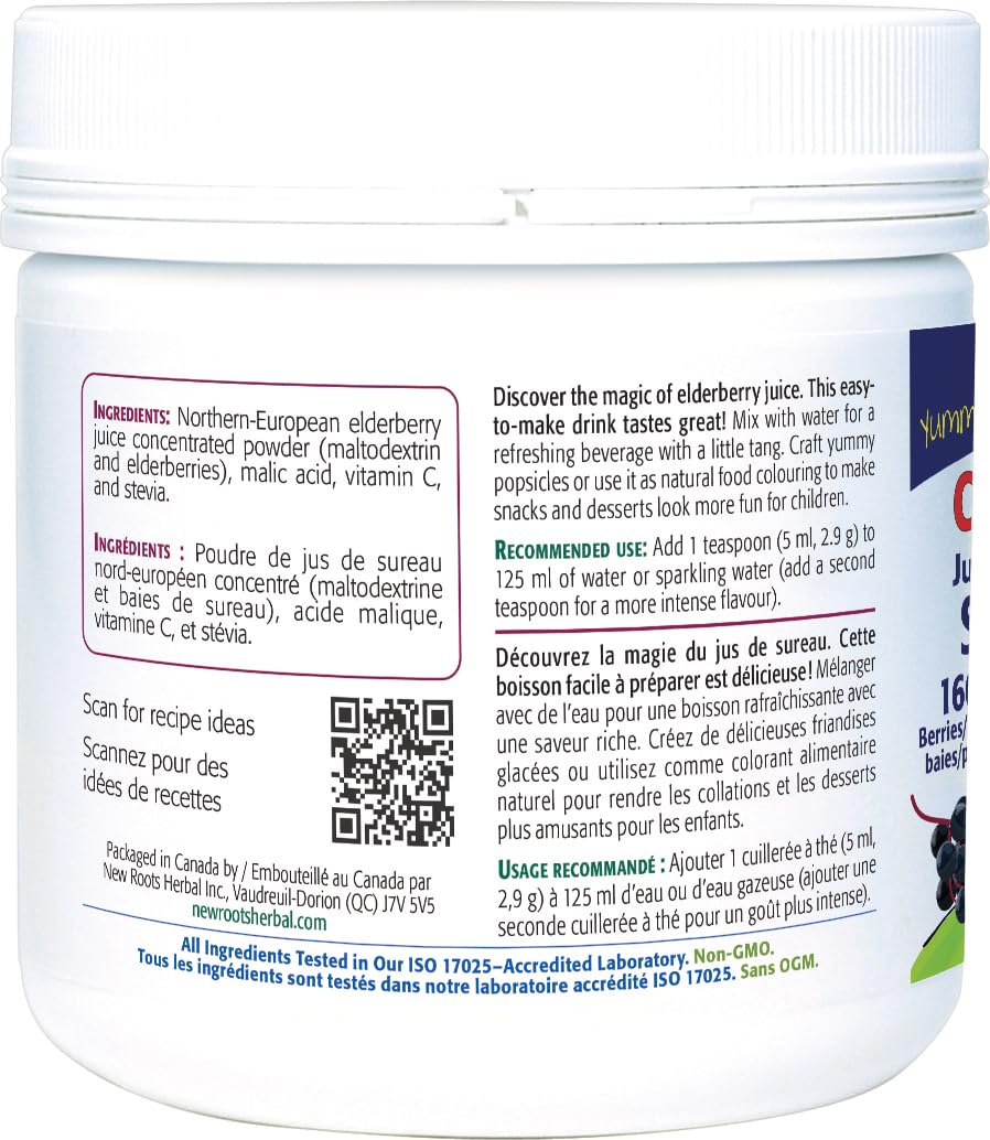 New Roots Herbal - Children's Elderberry Juice Powder with Rich in Vitamin C, 100g 34-Servings - 160+ Berries Per Portion, Pure Elderberry Supplement for Kids - Overall Wellness for Children - Vegan