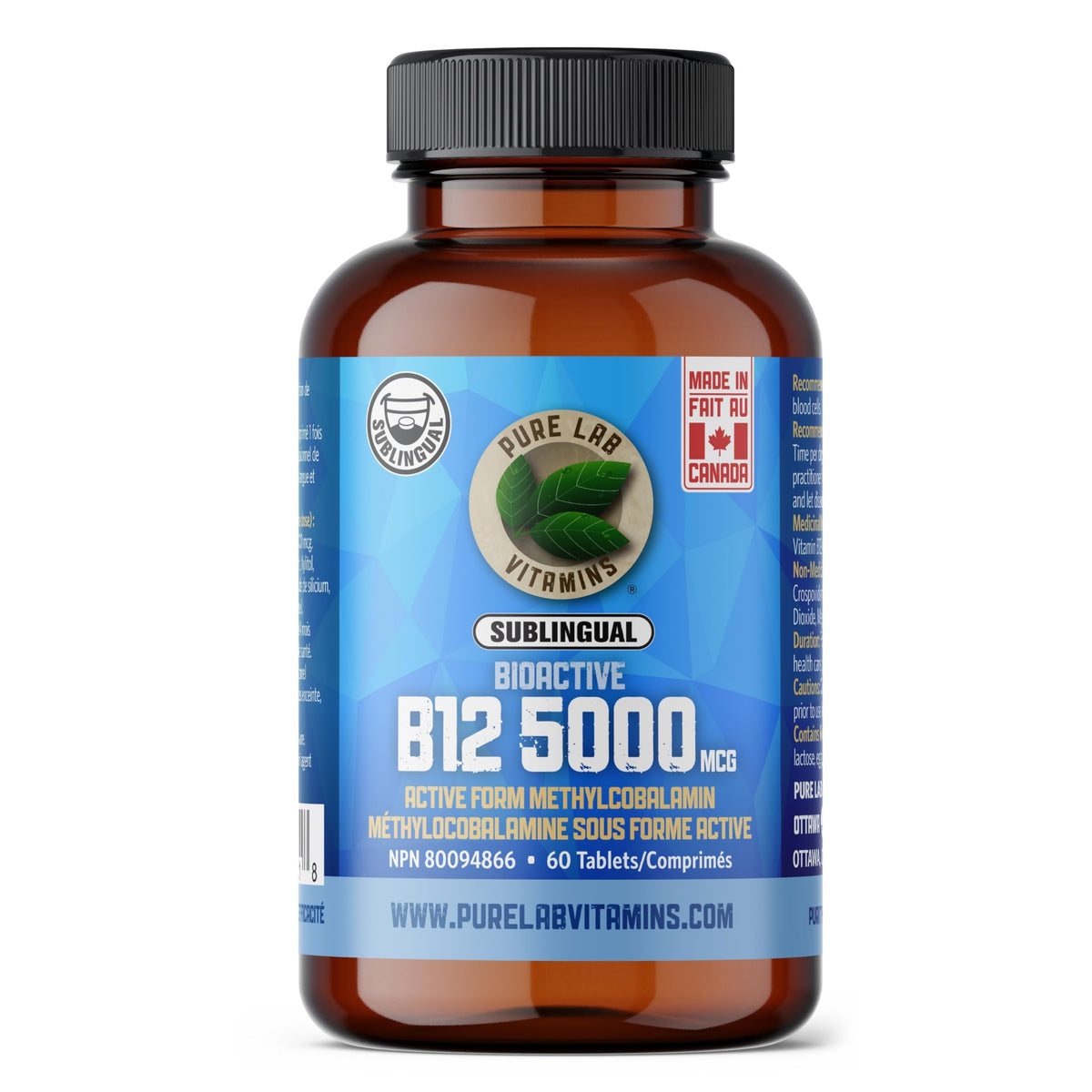 Pure Lab Vitamins | Bioactive Vitamin B12 5000mcg | 60 Tablets | Sublingual B12 Methylcobalamin 5000 mcg | Metabolism Boosters Energy Supplement | Helps in Normal Immune System Function - Gluten Free