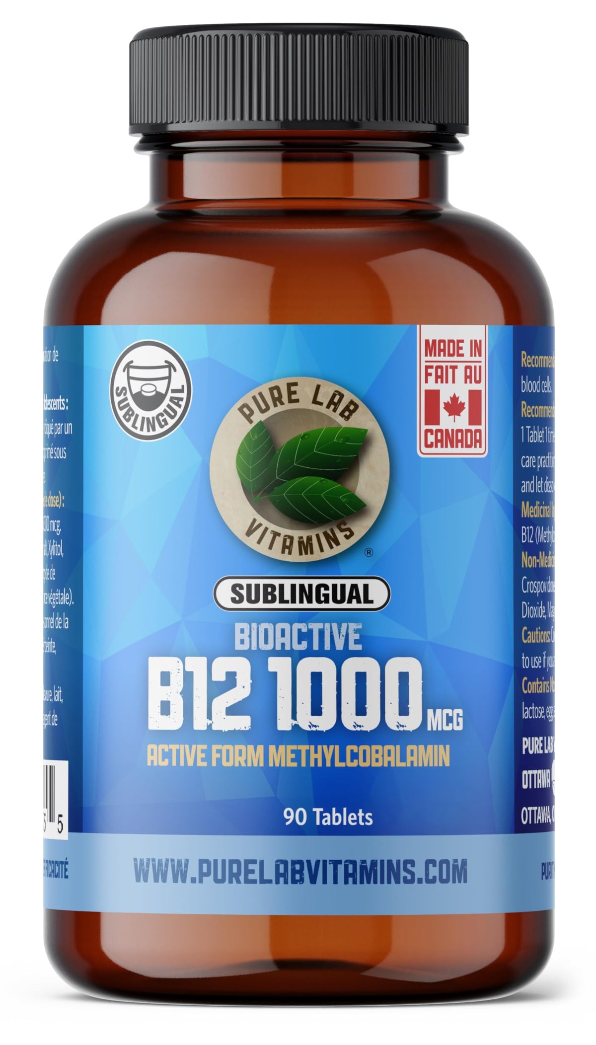 Pure Lab Vitamins | Bioactive B12 1000mcg Sublingual | 90 Tablets | Vitamin B12 Methylcobalamin B12 1000mcg | Methyl B12 Sublingual Methylcobalamin B12 Supplement | Support Energy Production & Metabolism