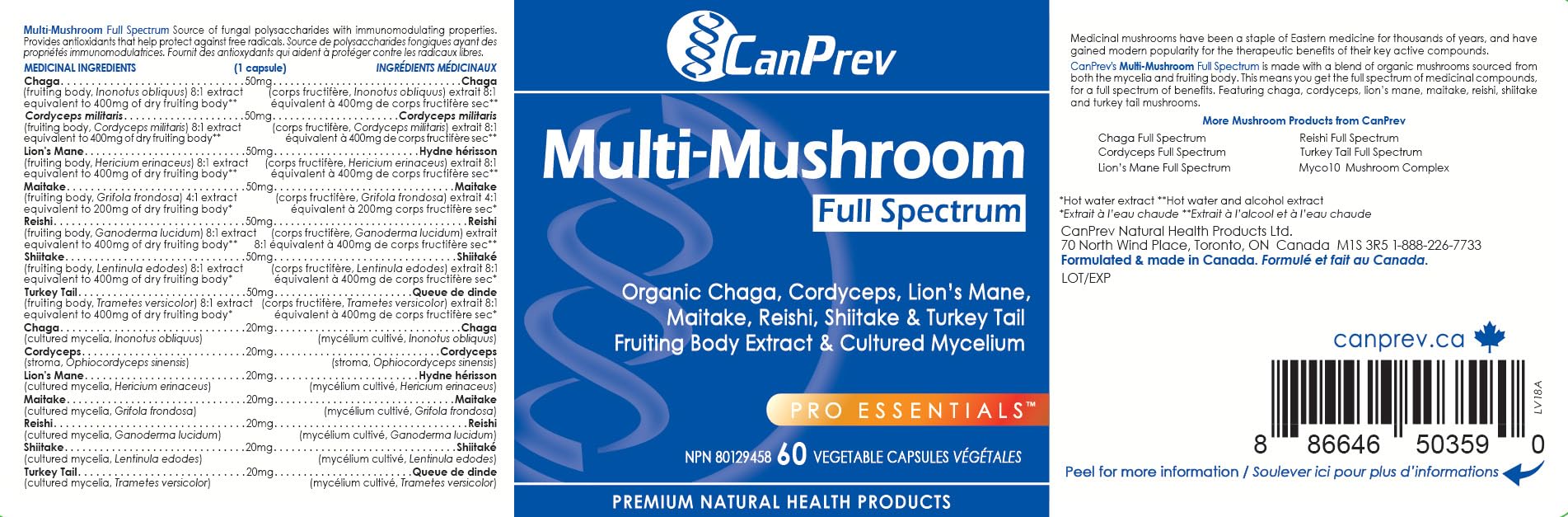 CanPrev Multi-Mushroom Full Spectrum Supplement, 60 Vegan Capsules, 60-Day Supply, Includes Organic Chaga, Cordyceps, Lion's Mane, Maitake, Reishi, Shiitake & Turkey Tail for Daily Wellness Support