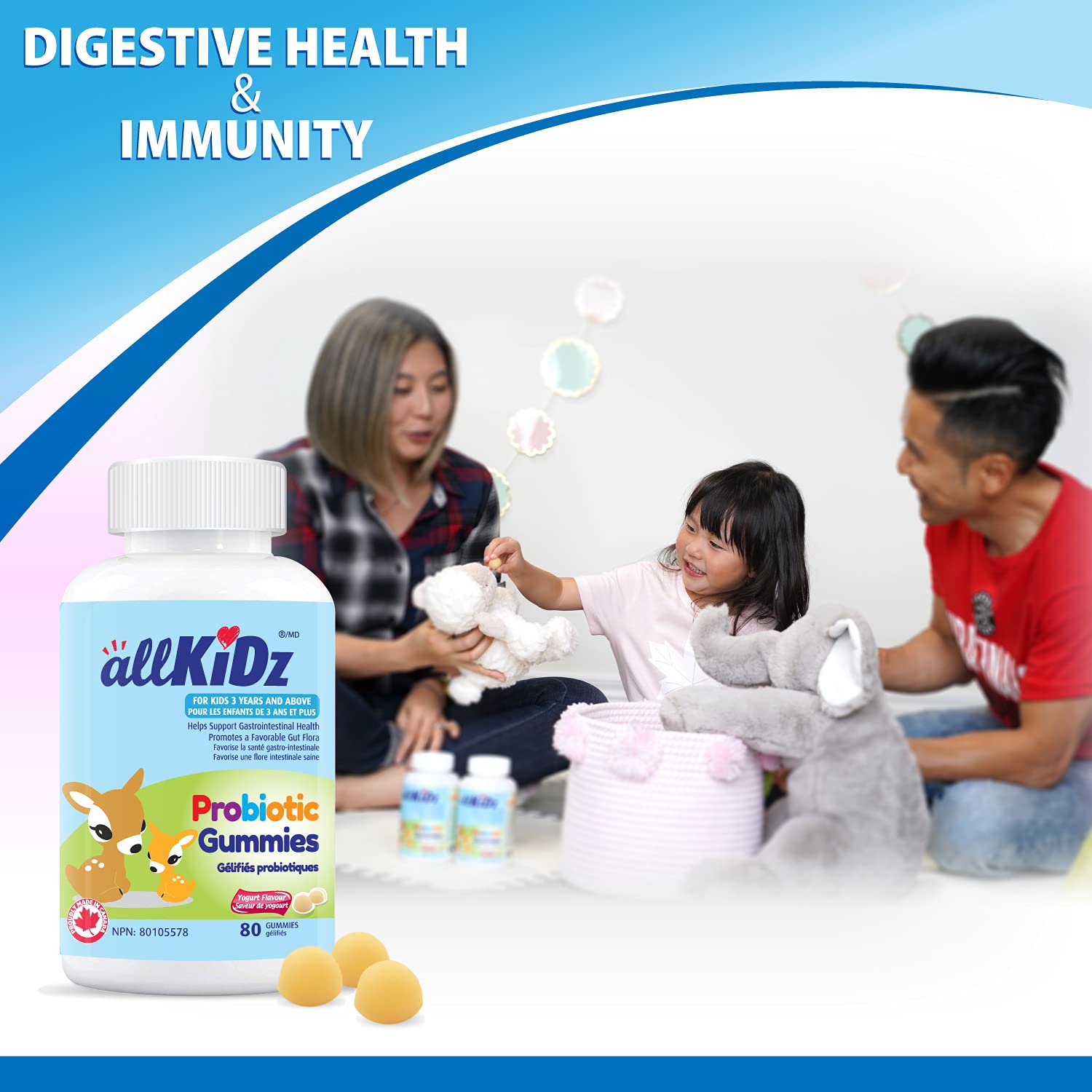allKiDz Probiotic Gummies for Kids Children Digestive Health and Immunity Supplement, No Refrigeration Required, 80 Count