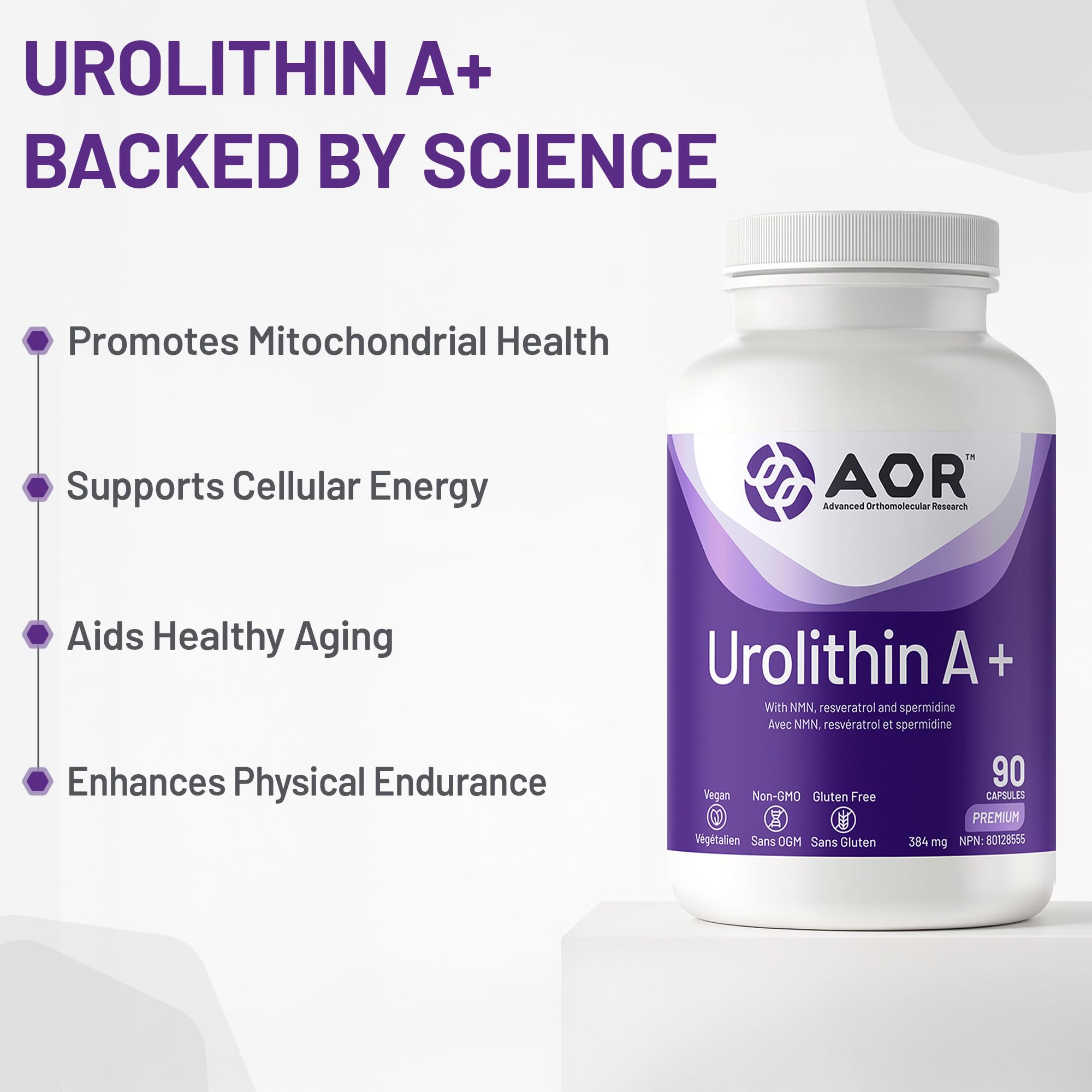 AOR - Urolithin A+ 90 Gélules 30 jours de cure - Avec NMN, Resvératrol et Spermidine - Une combinaison synergique pour le métabolisme énergétique et des nutriments