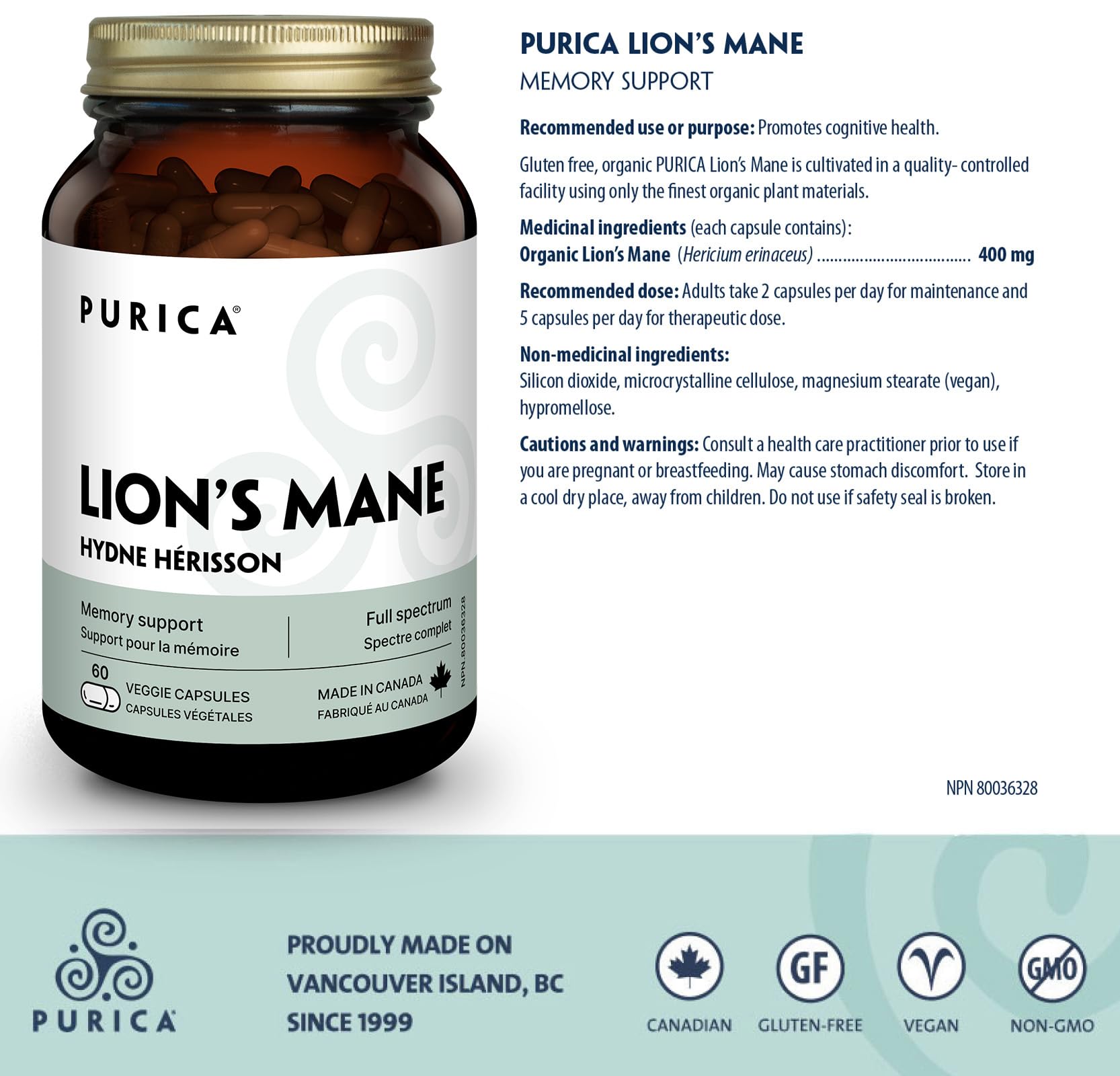 PURICA Crinière de Lion Biologique - Complément pour la Santé Cérébrale, Mémoire et Concentration, Gélules 100% Naturelles, Véganes