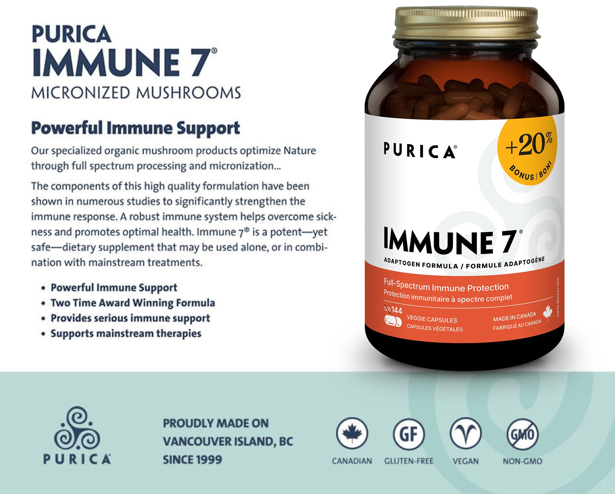PURICA Complexe Immunitaire 7, 60 gélules - Soutien immunitaire complet avec Coriolus versicolor, Cordyceps, Reishi, Maitake, Shiitake, Champignon du Soleil - Vitalité à spectre complet, Améliore la santé et le bien-être