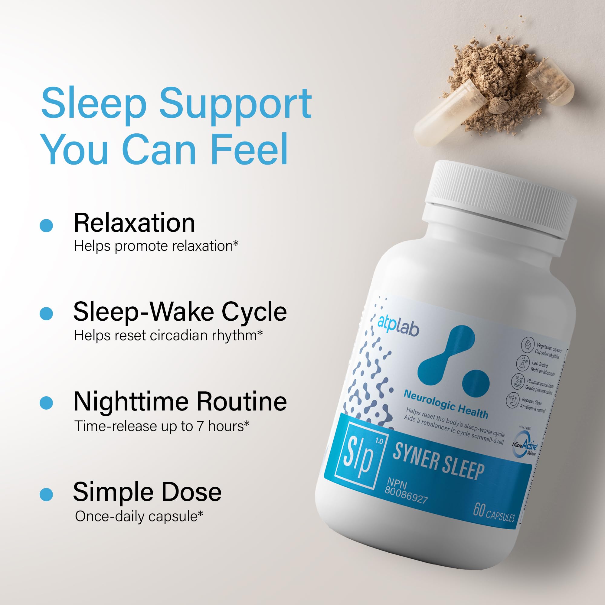 ATP LAB - Syner Sleep 60 capsules, approvisionnement de 60 jours - Supplément de soutien au calme et au sommeil - Favorise la relaxation et soulage l'insomnie - Sans OGM et sans gluten