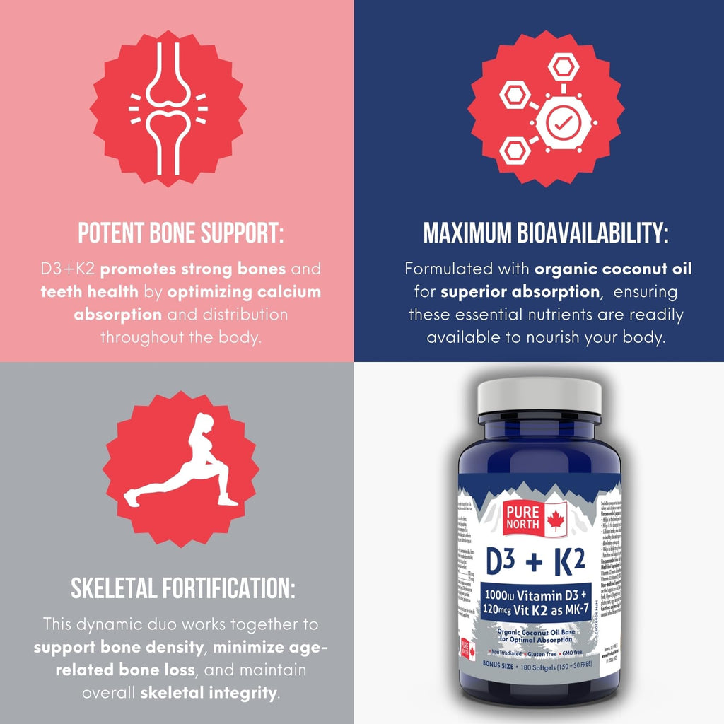 Pure North Naturals - D3 + K2 Vitamin Supplement 180 Softgels 180-Day Supply - Bone & Teeth Health - D3 1000IU + K2 MK7 120mcg with Organic Coconut Oil - 3rd Party Tested - Formulated & Made in Canada