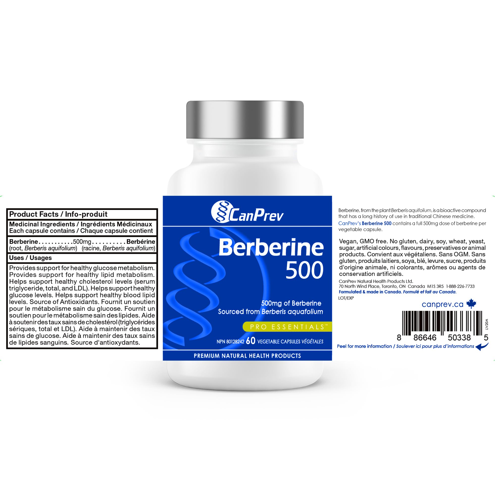 CanPrev - Berbérine 500mg, 60 gélules végétaliennes, Cure de 30 jours - Favorise un Métabolisme du Glucose Sain - Contribue au Maintien de Niveaux de Cholestérol et de Lipides Sanguins Sains - Source d'Antioxydants