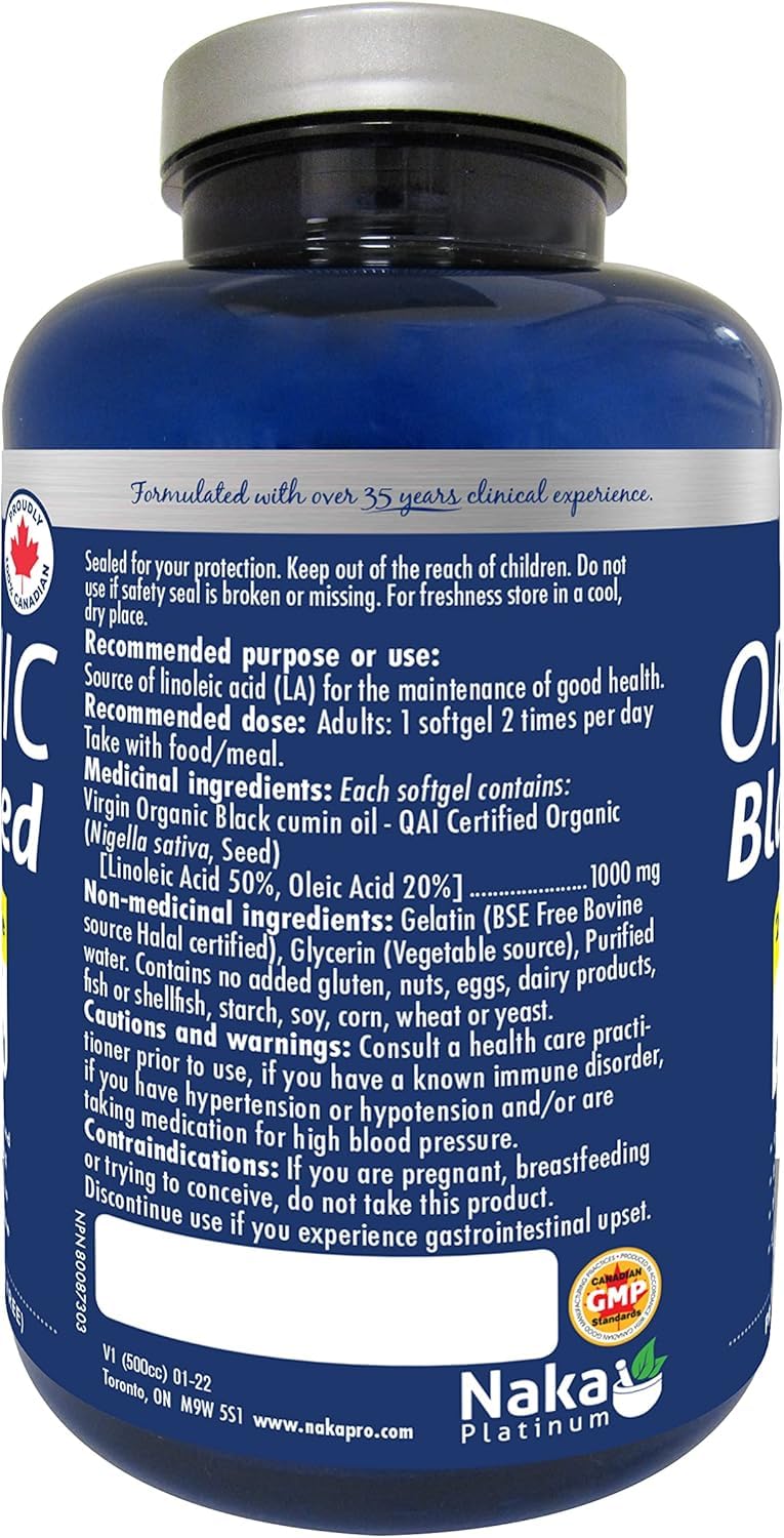 Naka Platinum Organic Black Seed oil, 100% PURE, 1000mg, Extra strength, Cold Pressed, 2-3% Thymoquinone, Made in Canada