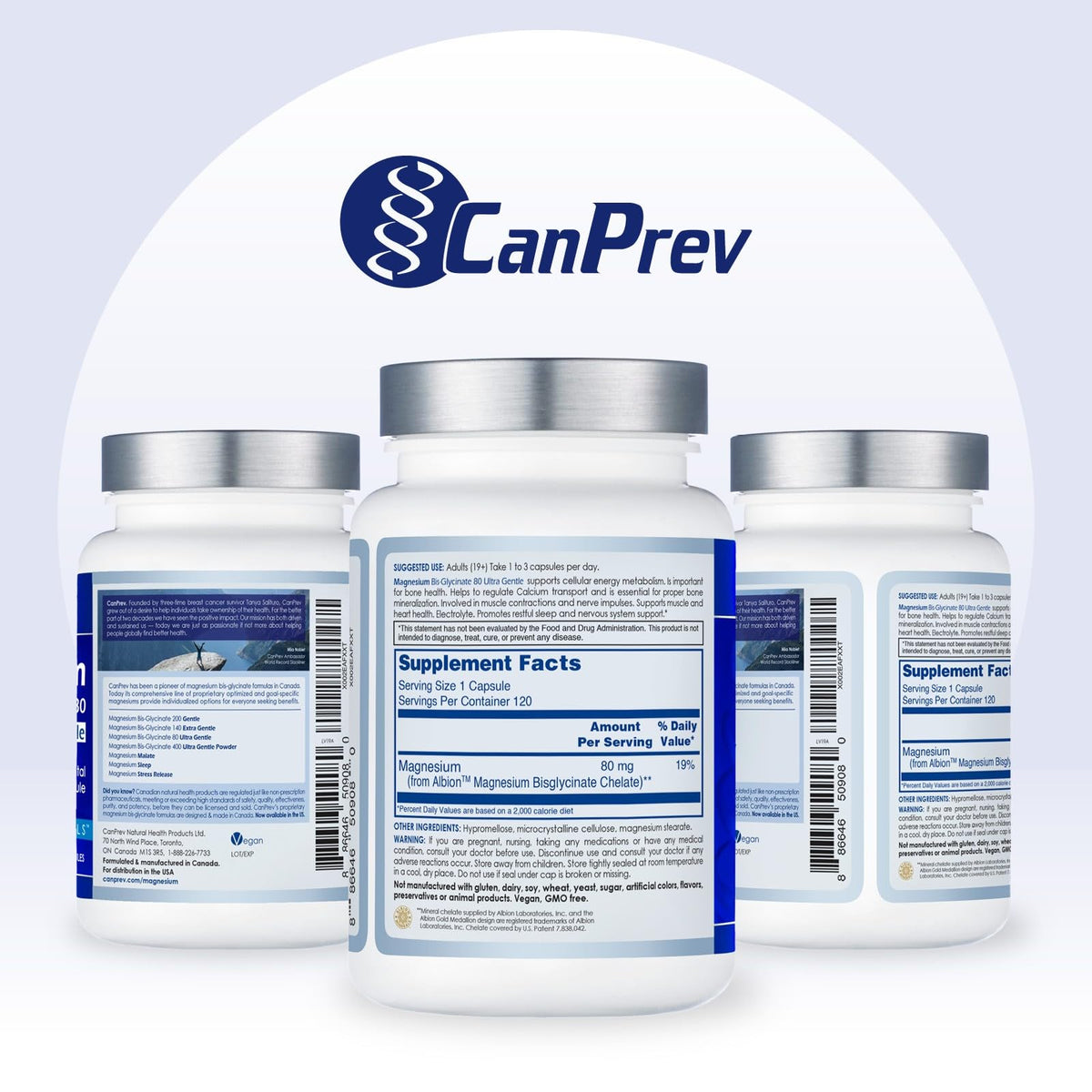 CanPrev Magnesium Bisglycinate 80 mg Capsules, Made in Canada, 120 Capsules