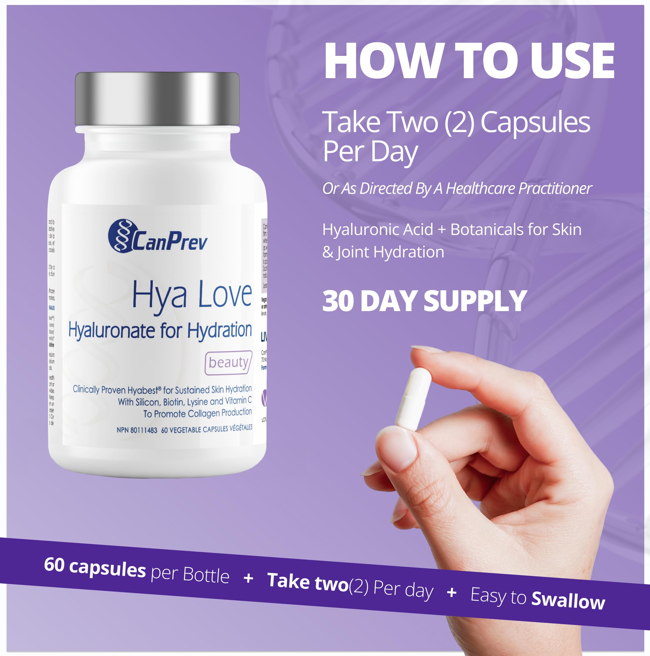 CanPrev - Hya Love Hyaluronate pour l'hydratation et la beauté, 60 V-Caps, 30 jours de traitement - Aide à la formation de collagène - Aide à maintenir la santé des cheveux, des ongles, des muqueuses et l'hydratation de la peau