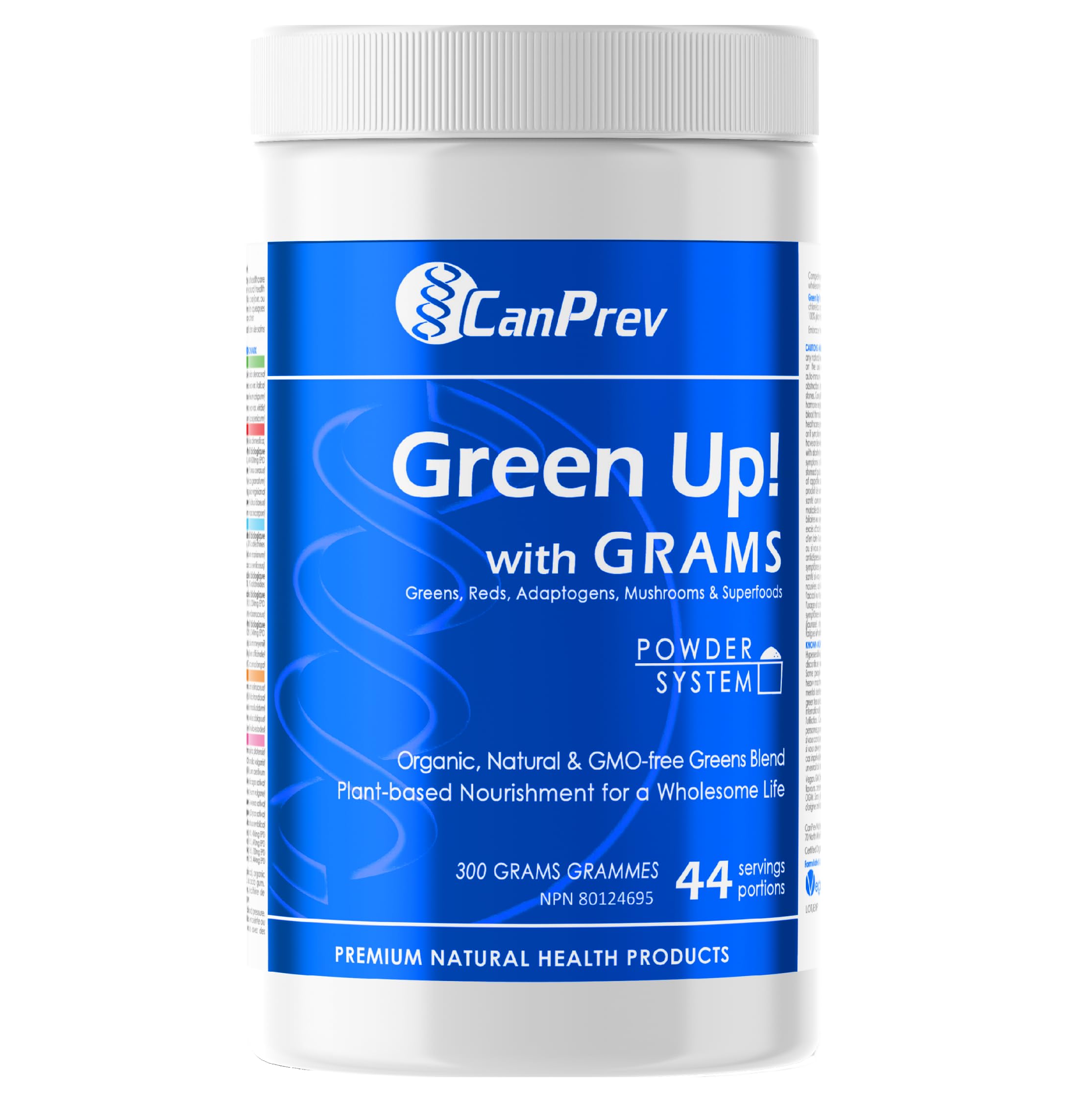 CanPrev Green Up! with GRAMS 300g Powder, 44-Servings, Organic Spirulina & Adaptogens, Nutrient-Rich Greens, Reds & Mushrooms Blend, Energizing Superfood for Smoothies - Vegan, GMO-free, & Gluten-free