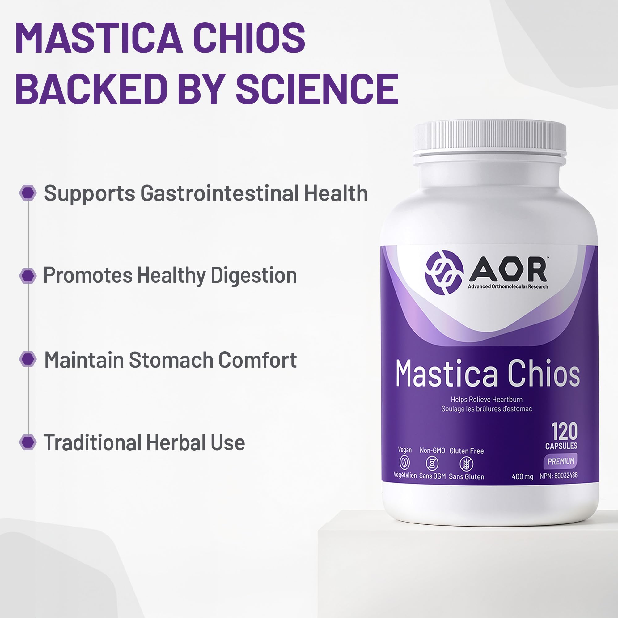 AOR Mastica Chios Gélules Végétaliennes 400 mg, 120 Comprimés, Approvisionnement de 40 Jours – Gomme de Mastic Pure de l'Arbre à Pistache Grec – Soutient le Confort Digestif – Supplément de Gomme de Mastic Chios pour l'Estomac et l'Intestin