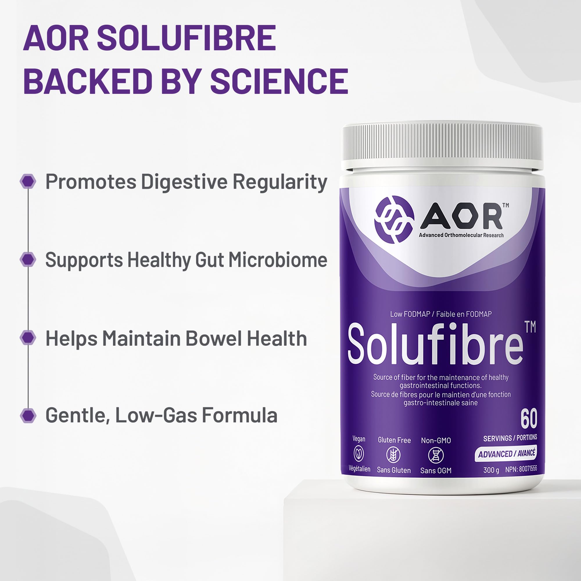AOR - SoluFibre Poudre, 300 g 60 portions - Gomme de guar partiellement hydrolysée Sunfiber pour le confort digestif et la régularité - Végétalien, sans OGM et sans gluten - Supplément de fibres prébiotiques douces - Fibres solubles
